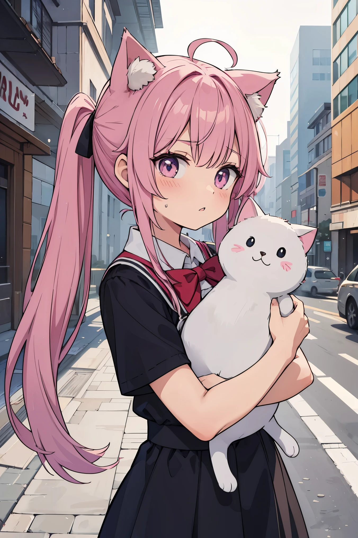 masterpiece, best quality), 1catgirl,cat ears,cat tail,twin tail hair, Elementary , carrying pink big randoseru, cityscape