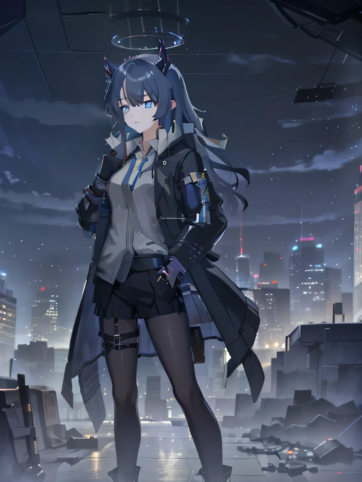 1 girl,  very clear, nervous, , watching, transportation station, dark rainy day, Serious eyes, Black halo with sky blue stripes, Serious, sharp vision, dissatisfied, Holding an aug assault rifle, City skyline, Light gray aug assault rifle with blizzard texture, tall girl, transportation, train station, Serious, dark rainy day, Dia sombrio, rain, collide,  Standing posture, aim，sky blue eyes，One hand in the pocket of the coat