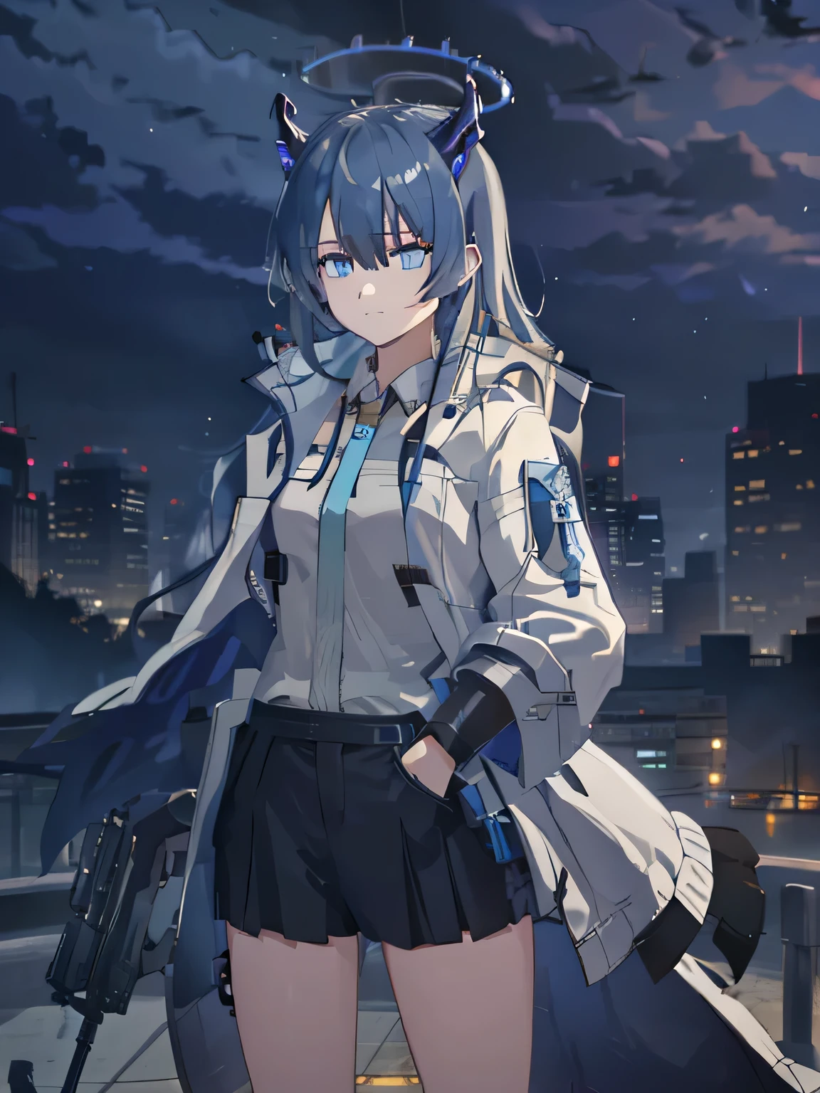 1 girl,  very clear, nervous, , watching, transportation station, dark rainy day, Serious eyes, Black halo with sky blue stripes, Serious, sharp vision, dissatisfied, Holding an aug assault rifle, City skyline, Light gray aug assault rifle with blizzard texture, tall girl, transportation, train station, Serious, dark rainy day, Dia sombrio, rain, collide,  Standing posture, aim，sky blue eyes，One hand in the pocket of the coat