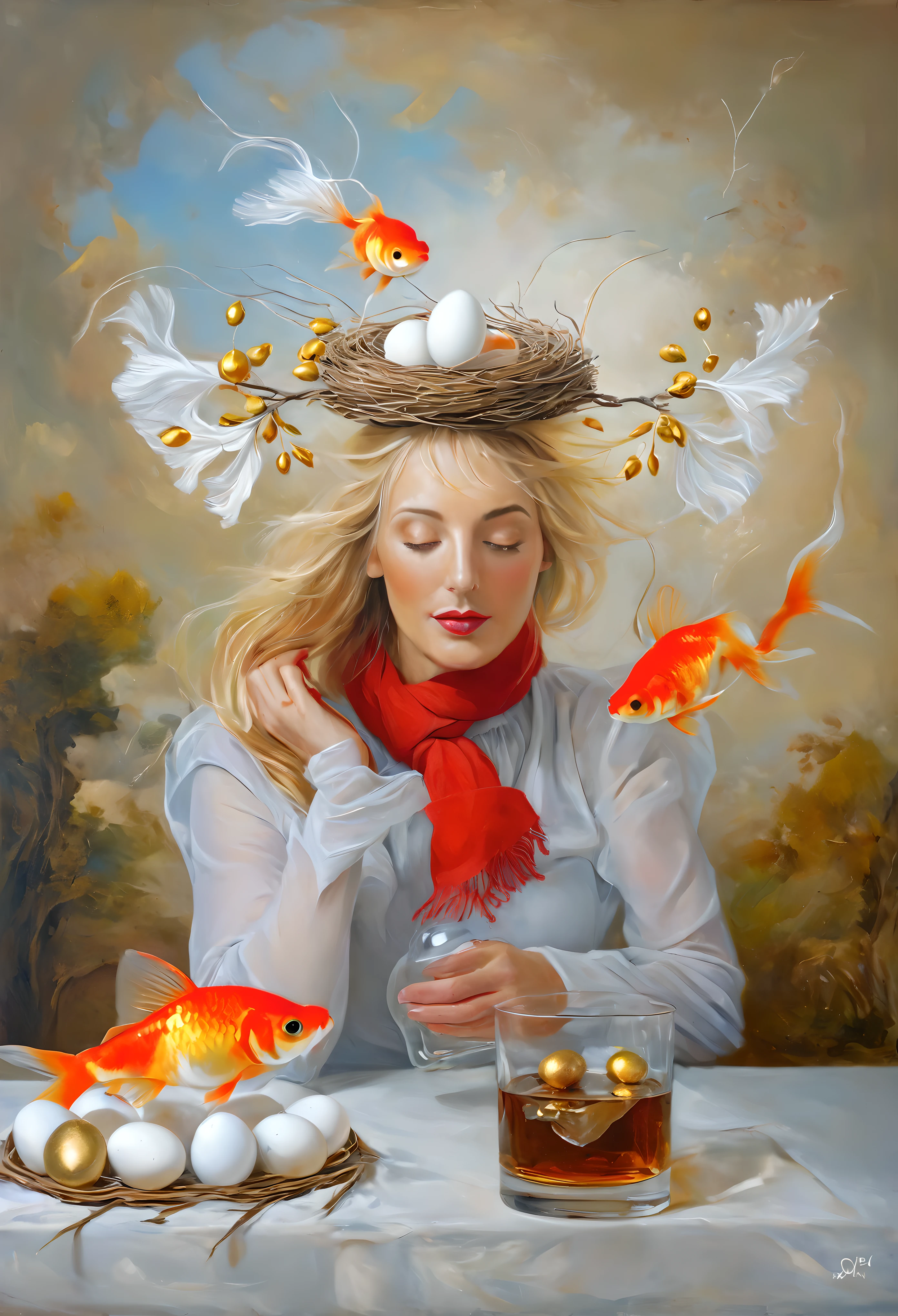 oil painting, portrait of a blonde woman with a nest with eggs and a gold fish on her head, ((the wind blows your hair1,7)), ((goldfish in the air)), magic carp, glass of whiskey on the table, Sakura Branches, (red scarf around the neck), magical realism, whimsical art;, Highly conceptual figurative art, Surrealist and fantasy art, эмоциональное Surreal art, Surrealist conceptual art, Surreal painting, hyperrealistic surrealism, Salvador Dali, Elisa Anfuso, Surreal art, whimsical surrealism, surreal digital artwork, fantasy art realistic painting, fabulous surrealism