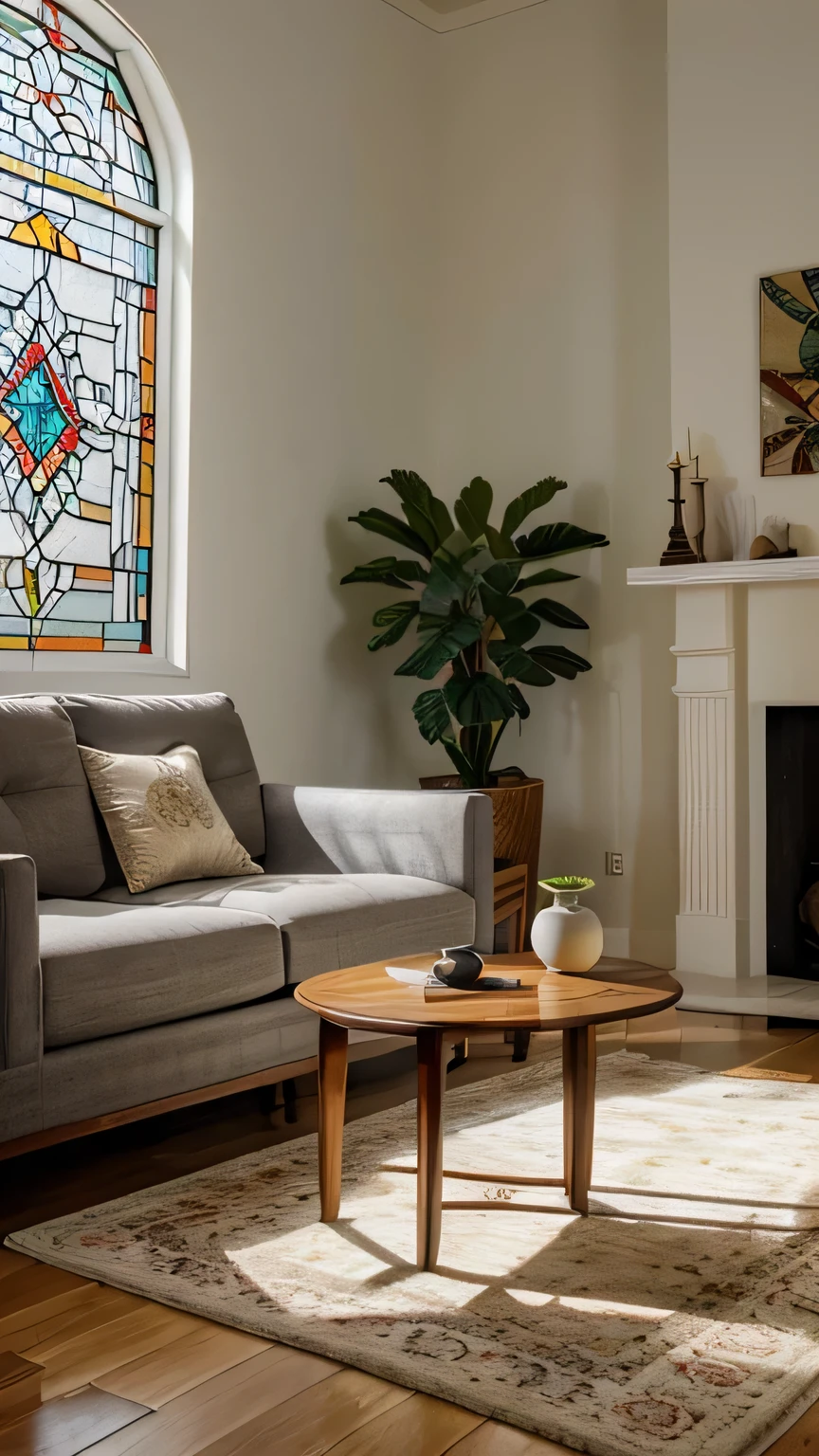 Architectural interior design with wide angle and crazy details of cozy modern Iranian living room, bright and warm light of Khursheda (1), wooden furniture, table in front of sofa, prominent design, carpet, clay pot, tall and small plants, king lampshade, large tall windows. Modern stained glass in a white wall ceramic floor house. Iranian poetry painting, wooden cornice, flower and bird design cushions, light gray simple sofa fabric, book, abstract nature sculpture, classic cup. 360-degree brightness, high detail, and architectural award-winning noro shade insert

modern