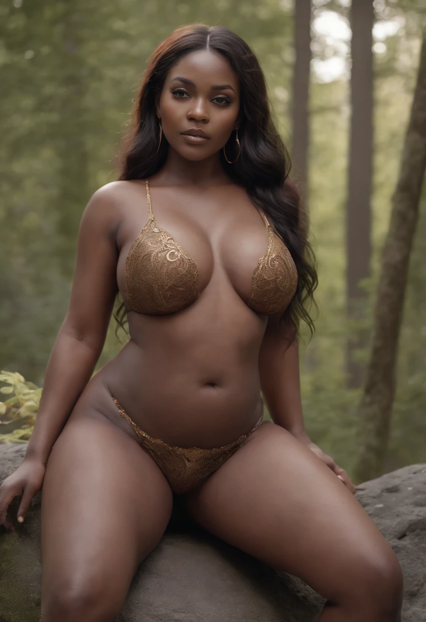 Dark-skinned Demon Queen, NSFW, fat, big , big hips, big butt, naked, naked breast, naked vagina, sitting on a rock, legs spread apart, perfect proportions, perfect eyes, real life cores, elegant, sharp focus, hyperrealistic, highly detailed, harsh, dramatic lighting, Conceptual Resolution Art 8k by Greg Rutkowski Intricately detailed Hyper-detailed dynamic lighting Triadic color splash art trend Artstation Unreal Engine 5