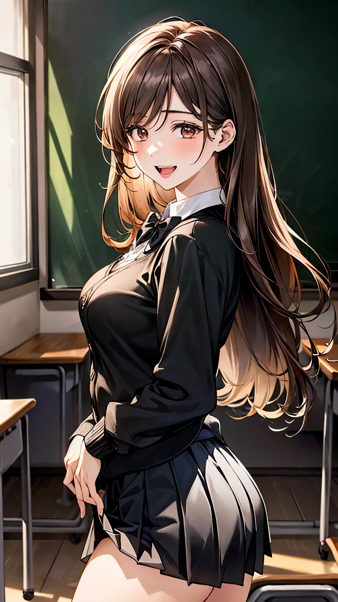 (masterpiece:1.2, top-quality), (realistic, photorealistic:1.4), beautiful illustration, (natural side lighting, movie lighting), ,
looking at viewer, cowboy shot, 1 girl, , high school girl, perfect face, cute and symmetrical face, shiny skin,
(very long hair:1.5, layered hair:1.4, light brown hair), crossed bangs, brown eyes, big eyes, drooping eyes, long eye lasher, (large breasts:1.5, curvy waist:1.4, big ass:1.2), glamour,
beautiful hair, beautiful face, beautiful detailed eyes, beautiful clavicle, beautiful body, beautiful chest, beautiful thigh, beautiful legs, beautiful fingers,
((overly long sleeve black cardigan, white collared shirts, black pleated mini skirt), dark red bow tie),
(beautiful scenery), evening, (school classroom, blackboard), standing, (seductive smile, upper eyes, open mouth small),