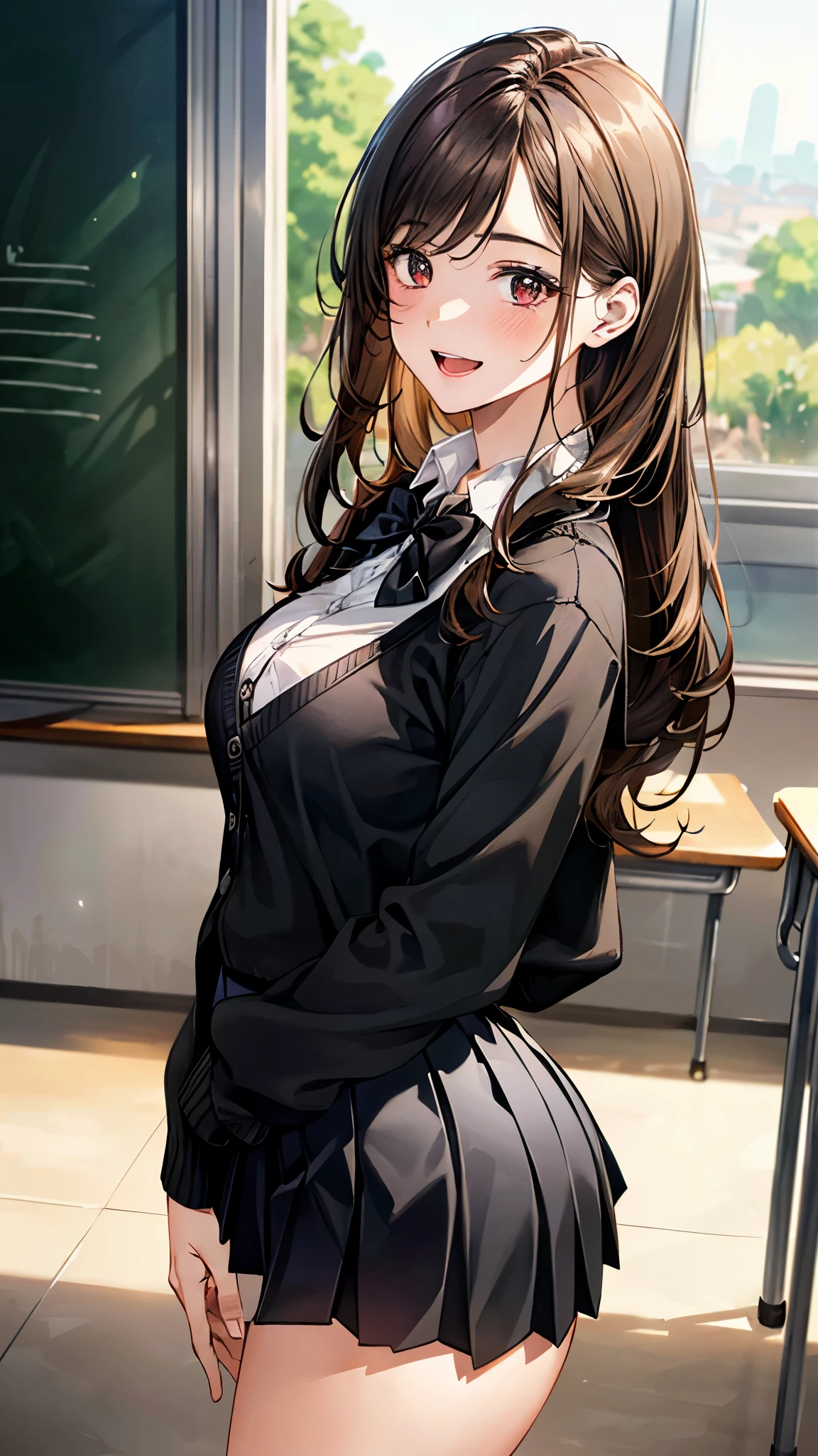 (masterpiece:1.2, top-quality), (realistic, photorealistic:1.4), beautiful illustration, (natural side lighting, movie lighting), , 
looking at viewer, cowboy shot, 1 girl, , high school girl, perfect face, cute and symmetrical face, shiny skin, 
(very long hair:1.5, layered hair:1.4, light brown hair), crossed bangs, brown eyes, big eyes, drooping eyes, long eye lasher, (large breasts:1.5, curvy waist:1.4, big ass:1.2), glamour, 
beautiful hair, beautiful face, beautiful detailed eyes, beautiful clavicle, beautiful body, beautiful chest, beautiful thigh, beautiful legs, beautiful fingers, 
((overly long sleeve black cardigan, white collared shirts, black pleated mini skirt), dark red bow tie), 
(beautiful scenery), evening, (school classroom, blackboard), standing, (seductive smile, upper eyes, open mouth small),