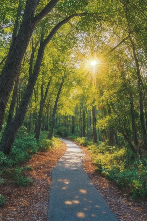 A winding path in the eucalyptus forest during golden hour, realistically captured in an 8k photograph, with rays of sunlight filtering through the leaves, intricately detailing every texture and shadow, a masterpiece showcasing the beauty and harmony of nature. (masterpiece: 1.3, best quality, high resolution) (fine detailed lighting: 1.5), (extremely detailed CG Unity 8k wallpaper, highly realistic, ultra-detailed, best shadows) (tranquil background), high contrast, (gorgeous sunset lighting, warm colors), (caustics and highlights adding depth to the image) (dynamic angles, soft focus