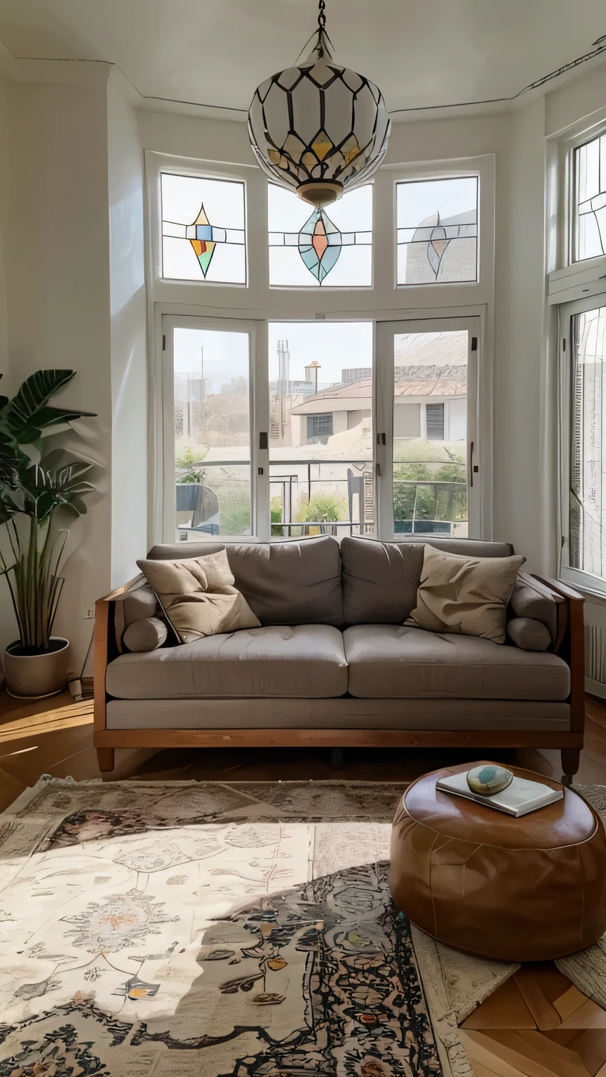 Architectural interior design with wide angle and crazy details of cozy modern Iranian living room, bright and warm light of Khursheda (1), wooden furniture, table in front of sofa, prominent design, carpet, clay pot, tall and small plants, king lampshade, large tall windows. Modern stained glass in a white wall ceramic floor house. Iranian poetry painting, wooden cornice, flower and bird design cushions, light gray simple sofa fabric, book, abstract nature sculpture, classic cup. 360-degree brightness, high detail, and architectural award-winning noro shade insert

modern