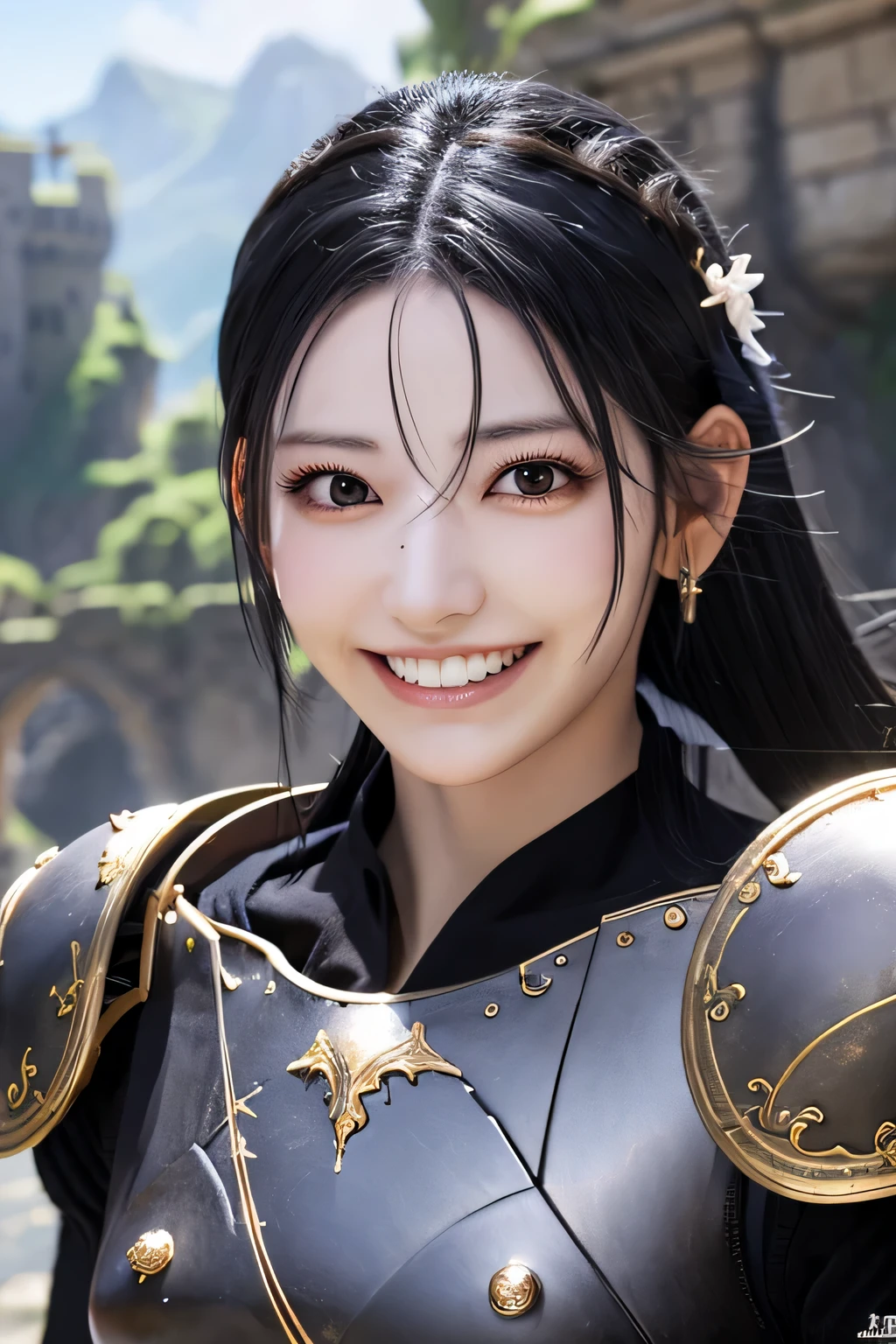 highest resolution, 4k, masterpiece: 1.3), japanese mature, photo of a woman, sexy, fine eyes, slender body shape, realistic teeth, double eyelid, full body, highest quality, be familiar with, equipped with armor, in a fantasy world, The background is a castle、black hair、ear piercing、smile、beautiful teeth