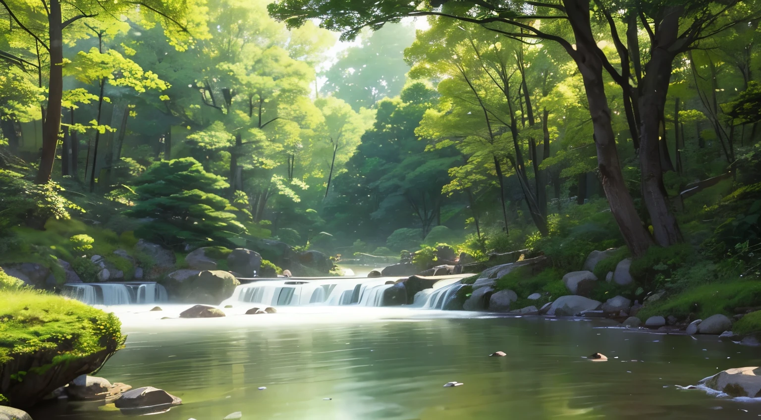 I took a photo of a peaceful moment spent in nature..。wood々Imagine a peaceful landscape bathed in soft morning light.。.。a gentle meandering stream、Surrounded by lush greenery。The overall atmosphere is calm and connected to the natural world.、Highlights the beauty and serenity of outdoor moments。