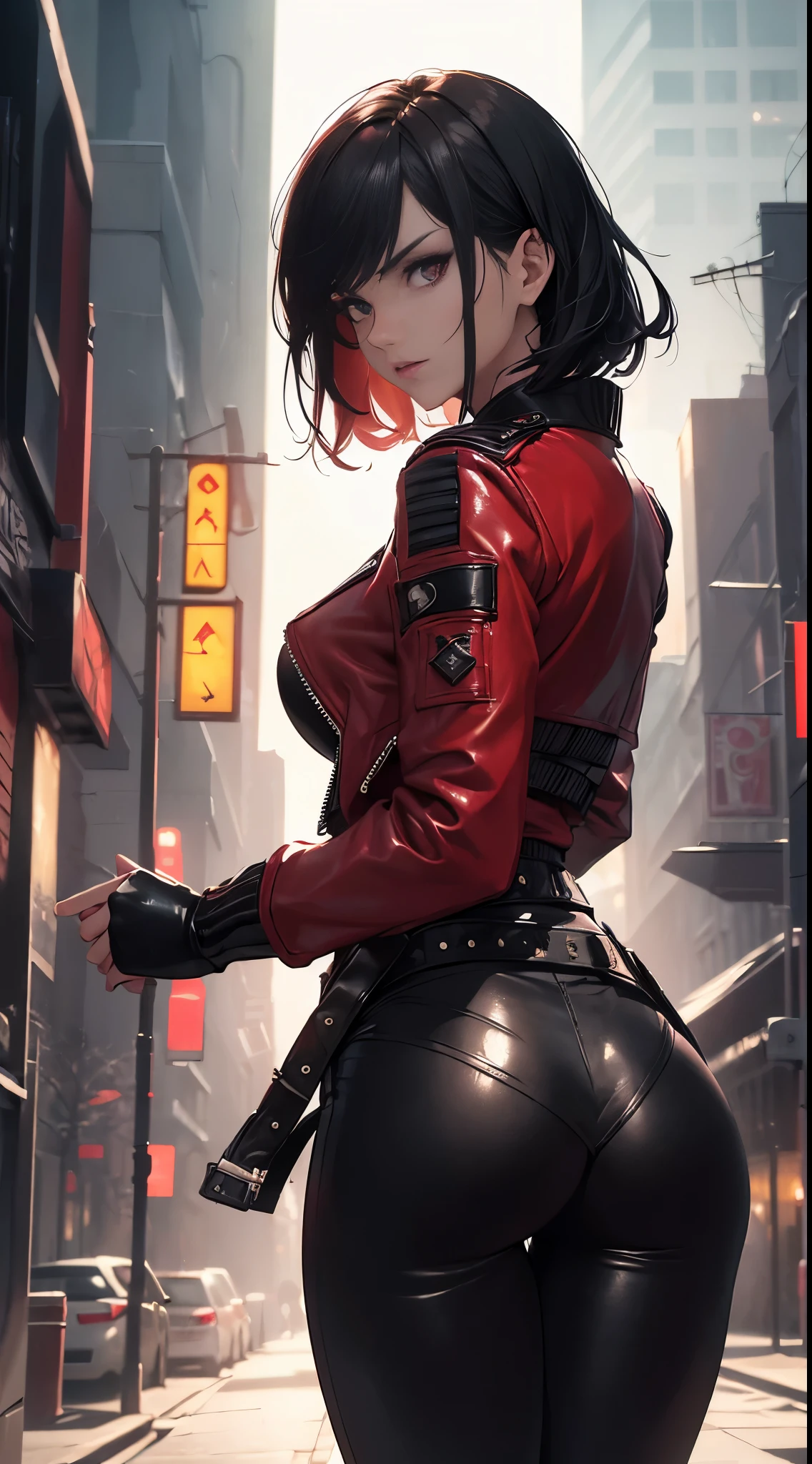 (A beautiful 25-year-old British female vampire mercenary:1.4), (short wolfcut black hair:1.2), (pale skin), (detailed skin:1.2), (serious face), (wearing crimson leather jacket and black tight pants:1.4), (waist up shot:1.2), view from front, (dynamic action pose:1.2), (chiaroscuro lighting:0.8), (dark city at night:1.2), photo realism, intricate face detail, intricate hand details, highly detailed, vibrant colors, cinematic, 8k, trending on Artstation-style raw.