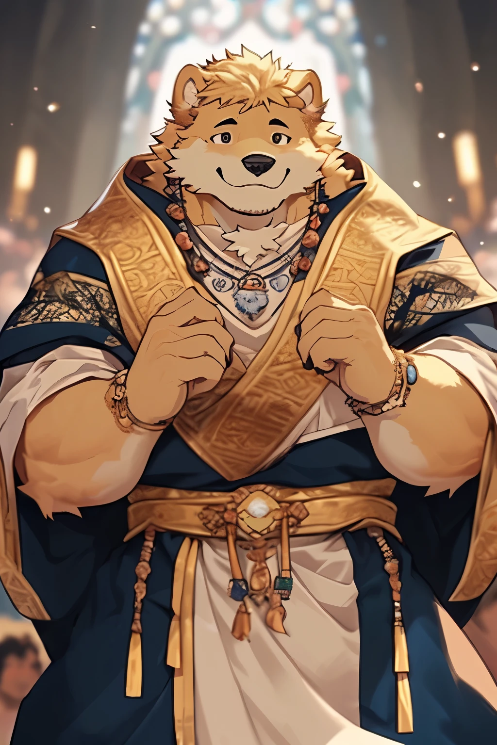 a scene in, depth of field, motion blur, , looking at the audience, (best quality), (masterpiece), (super detailed), sharp focus, Eye, black Eye, hairy, alone, fur,, full-body shot,Secondary sexual characteristics are obvious,Slightly fat,blink, Smile, human nature (golden retriever), male, (golden retriever), middle aged, muscular, Priest,White clothes,cute expression,super detailed face,Detailed depiction of the face