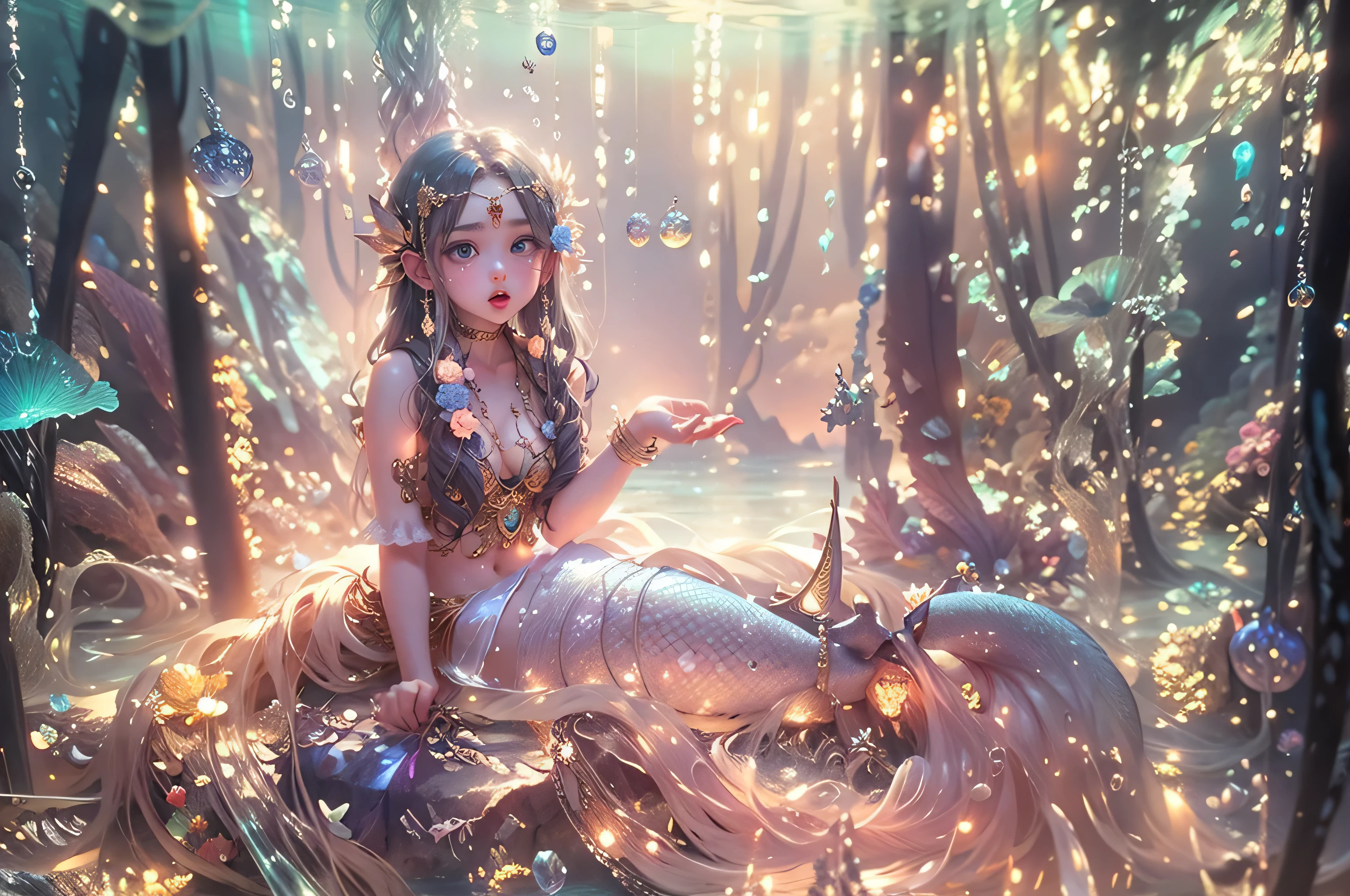 ocean floor,(depth of fields),A mermaid,long whitr hair,Ethereal beauty,peacful,tropical fishes,jelly fish,the reef。Vibrant colors,dreamlike lighting.Best quality,A high resolution,Masterpiece:1.2.