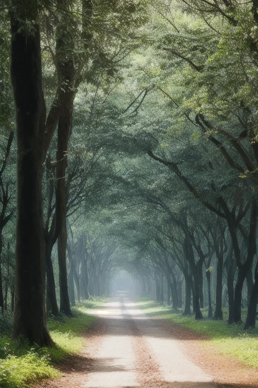 um caminho sinuoso na floresta de eucaliptos, final da tarde, raios de luz, maravilhoso, realista, 8k, fotografia