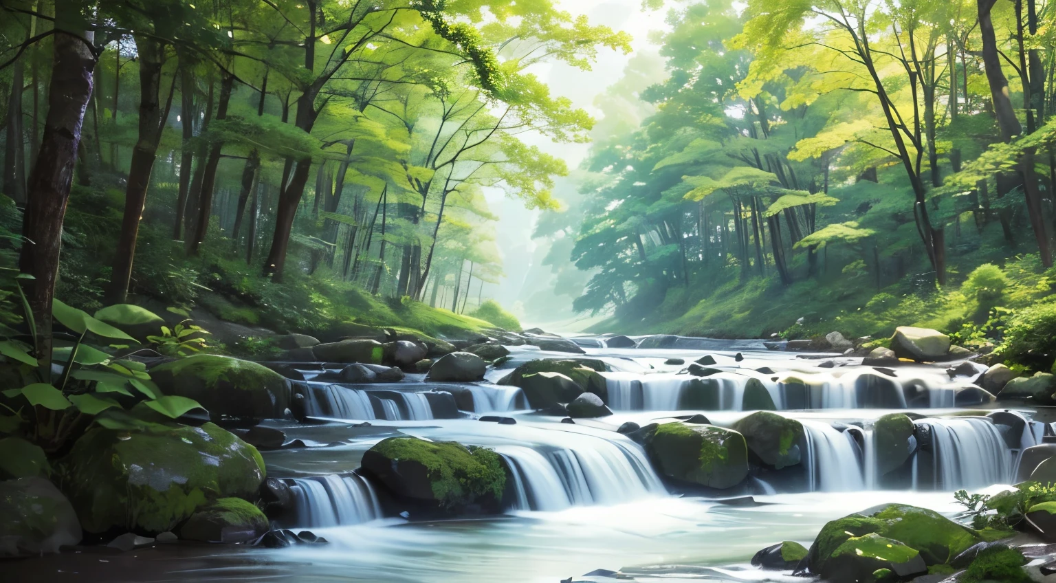 I took a photo of a peaceful moment spent in nature..。wood々Imagine a peaceful landscape bathed in soft morning light.。.。a gentle meandering stream、Surrounded by lush greenery。The overall atmosphere is calm and connected to the natural world.、Highlights the beauty and serenity of outdoor moments。