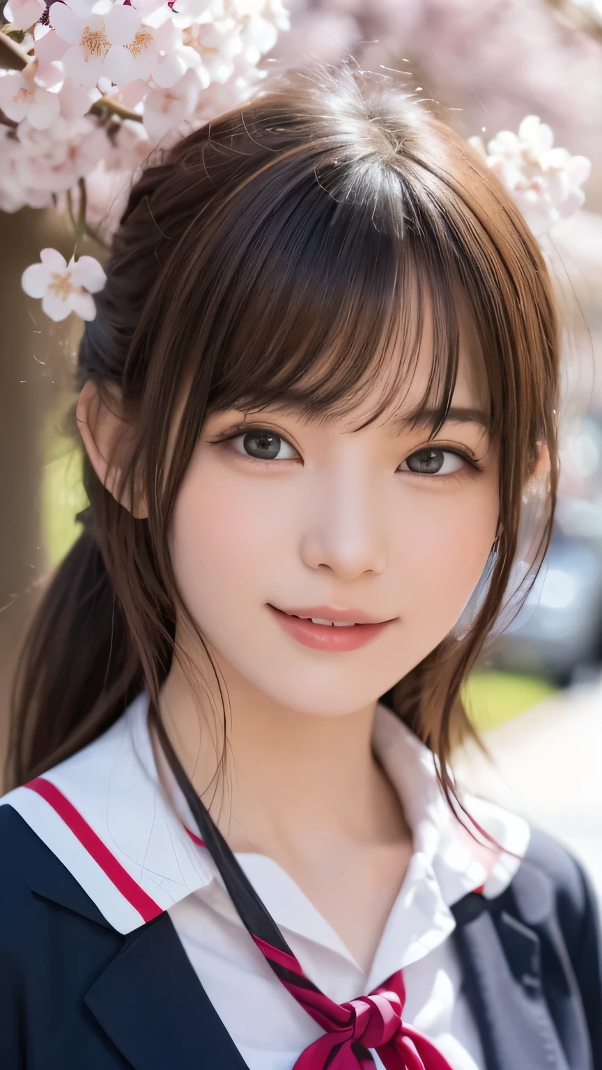 one girl, (a beauty girl, delicate girl:1.3), (14 years old:1.3),
break, (spring, cute uniform:1.3),
break, (Street view:1.3), (cherry blossoms fall:1.3), (wool gloves), perfectly trimmed fingers,
break, very fine resolution, (symmetrical eyes:1.3),
break, small breasts, brown eyes, parted bangs, brown hair,  girl,
break, (Eye and face details:1.0), (get closer to the face, enlarge the face, face focus:1.0),close up of face,
break, (masterpiece, highest quality, Super detailed, detailed face, 8K),SakuraFubuki,cherry blossom petals,smile,random pose、blue eyes、white gloves,ponytail