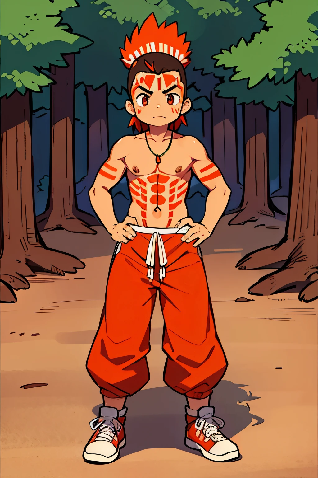native american,cute boy 1,Topless,red face paint,fight,mohawk,full body figure,forest,orange long pants,Brown sneakers,red skin,