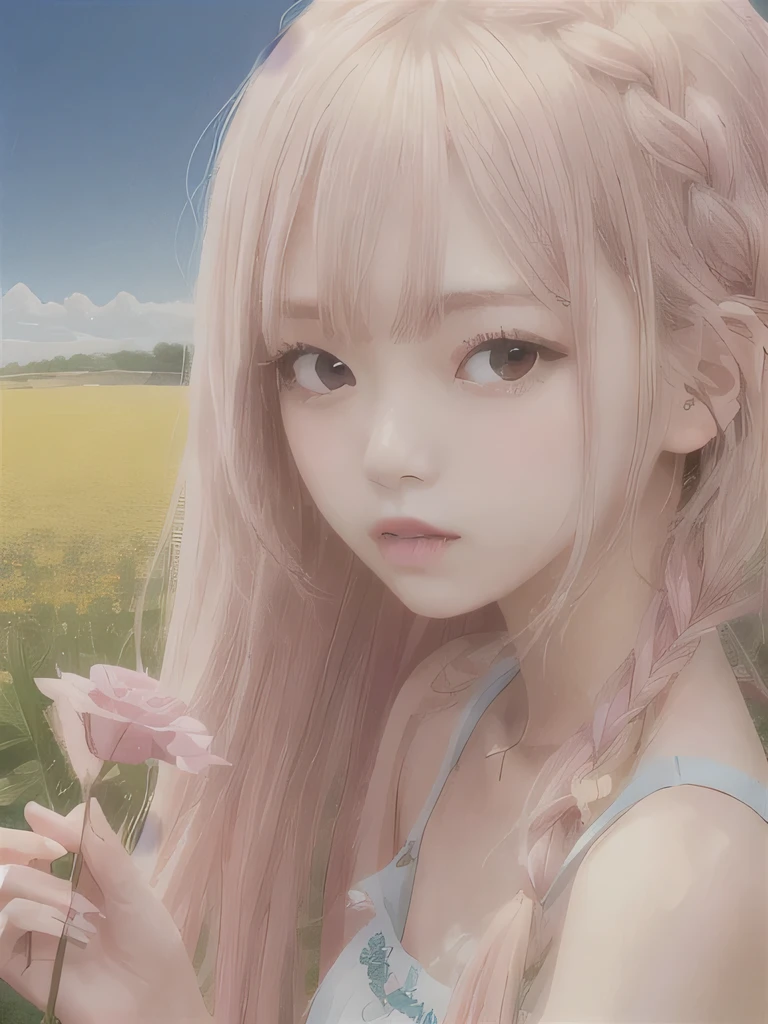 1 girl, alone, barefoot, flower, long hair, null, dress, flower petals, outdoor, holding, holding flower, cloud, pink hair, Wind, field、Small breasts、close up of face、16K、She is the flower spirit、flower decoration、Clothes that show your collarbones、Braid、