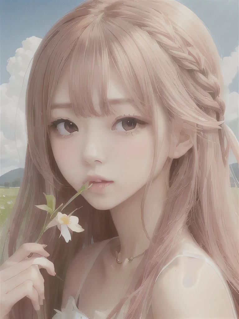 1 girl, alone, barefoot, flower, long hair, null, dress, flower petals, outdoor, holding, holding flower, cloud, pink hair, Wind, field、Small breasts、close up of face、16K、She is the flower spirit、flower decoration、Clothes that show your collarbones、Braid、