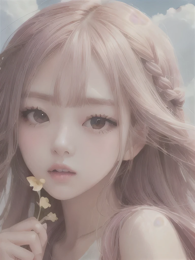 1 girl, alone, barefoot, flower, long hair, null, dress, flower petals, outdoor, holding, holding flower, cloud, pink hair, Wind, field、Small breasts、close up of face、16K、She is the flower spirit、flower decoration、Clothes that show your collarbones、Braid、