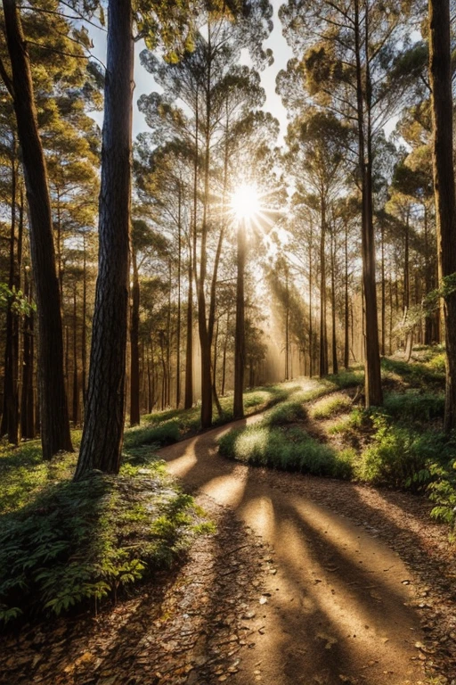 A winding path in the eucalyptus forest during golden hour, realistically captured in an 8k photograph, with rays of sunlight filtering through the leaves, intricately detailing every texture and shadow in high complexity. The rich golden hues of the sun cast long, dynamic angles, creating a tranquil and harmonious masterpiece (1.3, best quality, high resolution) that showcases the beauty of nature. Fine detailed lighting (1.5) highlights the delicate textures of the bark and the patterns of the leaves, showcasing their unique beauty in ultra-realistic detail. The soft focus of the image adds an ethereal and dreamlike quality, capturing the essence of