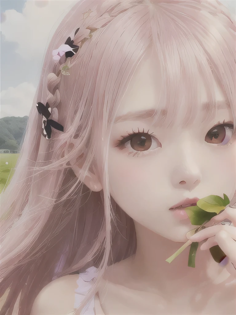 1 girl, alone, barefoot, flower, long hair, null, dress, flower petals, outdoor, holding, holding flower, cloud, pink hair, Wind, field、Small breasts、close up of face、16K、She is the flower spirit、flower decoration、Clothes that show your collarbones、Braid、