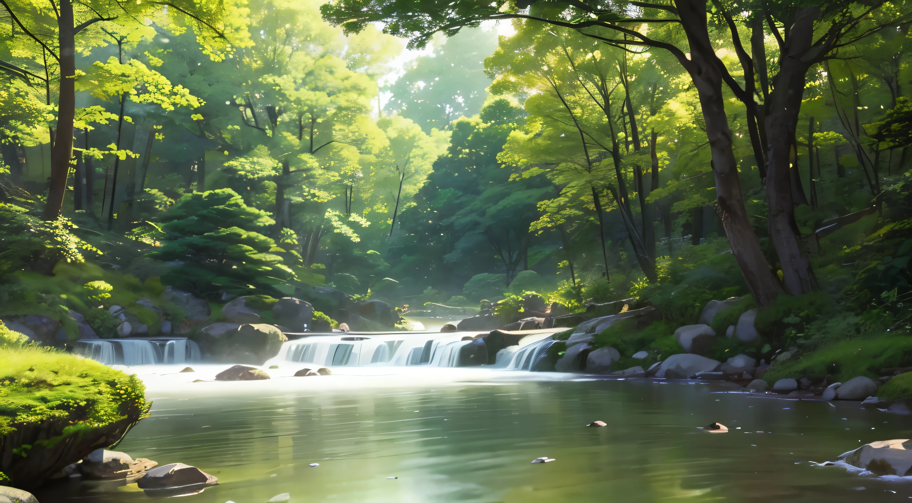I took a photo of a peaceful moment spent in nature..。wood々Imagine a peaceful landscape bathed in soft morning light.。.。a gentle meandering stream、Surrounded by lush greenery。The overall atmosphere is calm and connected to the natural world.、Highlights the beauty and serenity of outdoor moments。