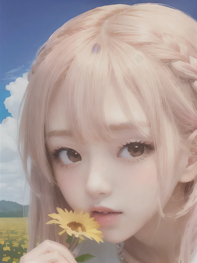 1 girl, alone, barefoot, flower, long hair, null, dress, flower petals, outdoor, holding, holding flower, cloud, pink hair, Wind, field、Small breasts、close up of face、16K