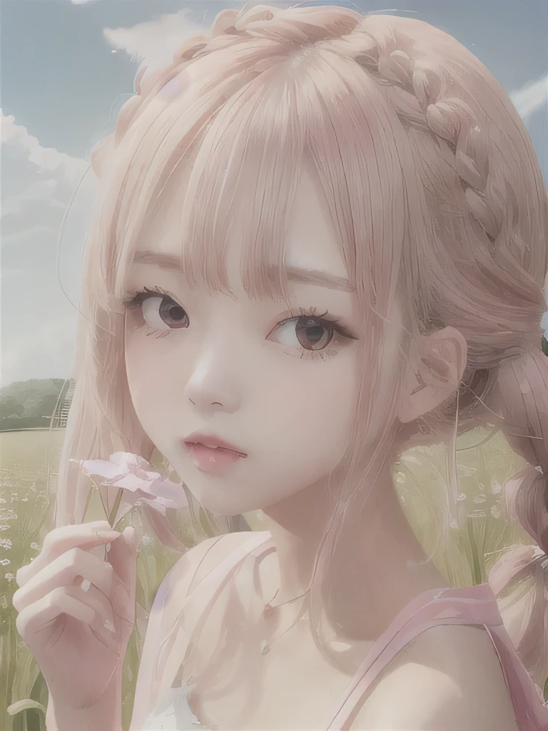 1 girl, alone, barefoot, flower, long hair, null, dress, flower petals, outdoor, holding, holding flower, cloud, pink hair, Wind, field、Small breasts、close up of face、16K、She is the flower spirit、flower decoration、Clothes that show your collarbones、Braid、