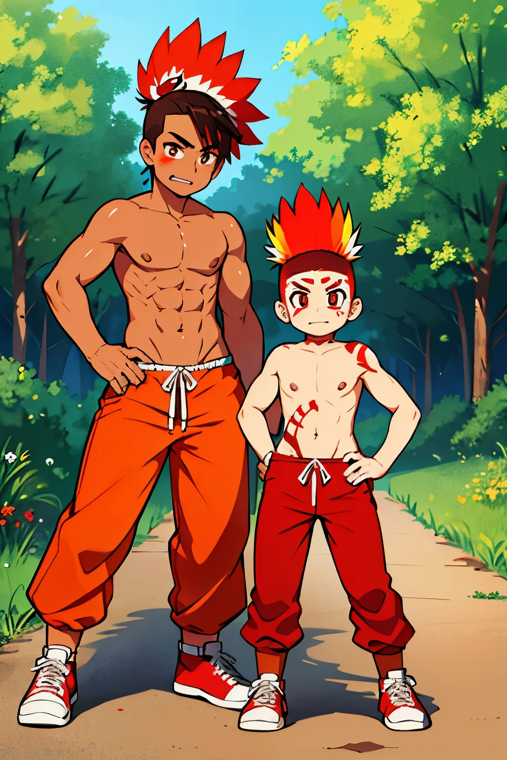 native american,cute boy 1,Topless,red face paint,fight,mohawk,full body figure,forest,orange long pants,Brown sneakers,red skin,