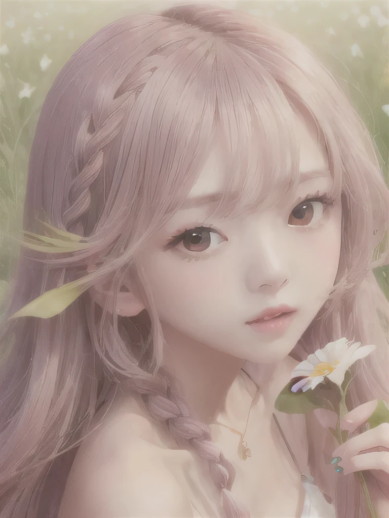 1 girl, alone, barefoot, flower, long hair, null, dress, flower petals, outdoor, holding, holding flower, cloud, pink hair, Wind, field、Small breasts、close up of face、16K、She is the flower spirit、flower decoration、Clothes that show your collarbones、Braid、
