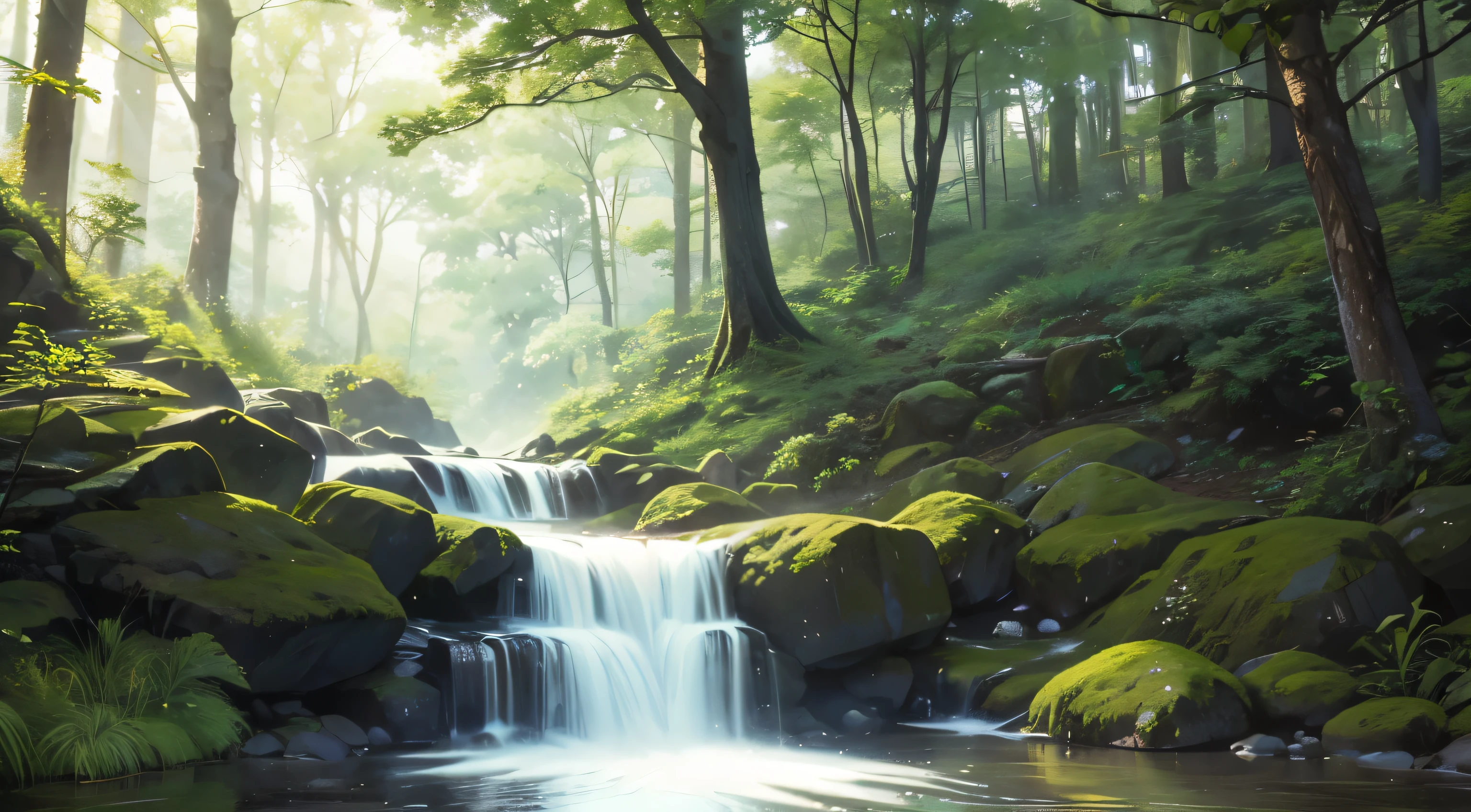 I took a photo of a peaceful moment spent in nature..。wood々Imagine a peaceful landscape bathed in soft morning light.。.。a gentle meandering stream、Surrounded by lush greenery。The overall atmosphere is calm and connected to the natural world.、Highlights the beauty and serenity of outdoor moments。