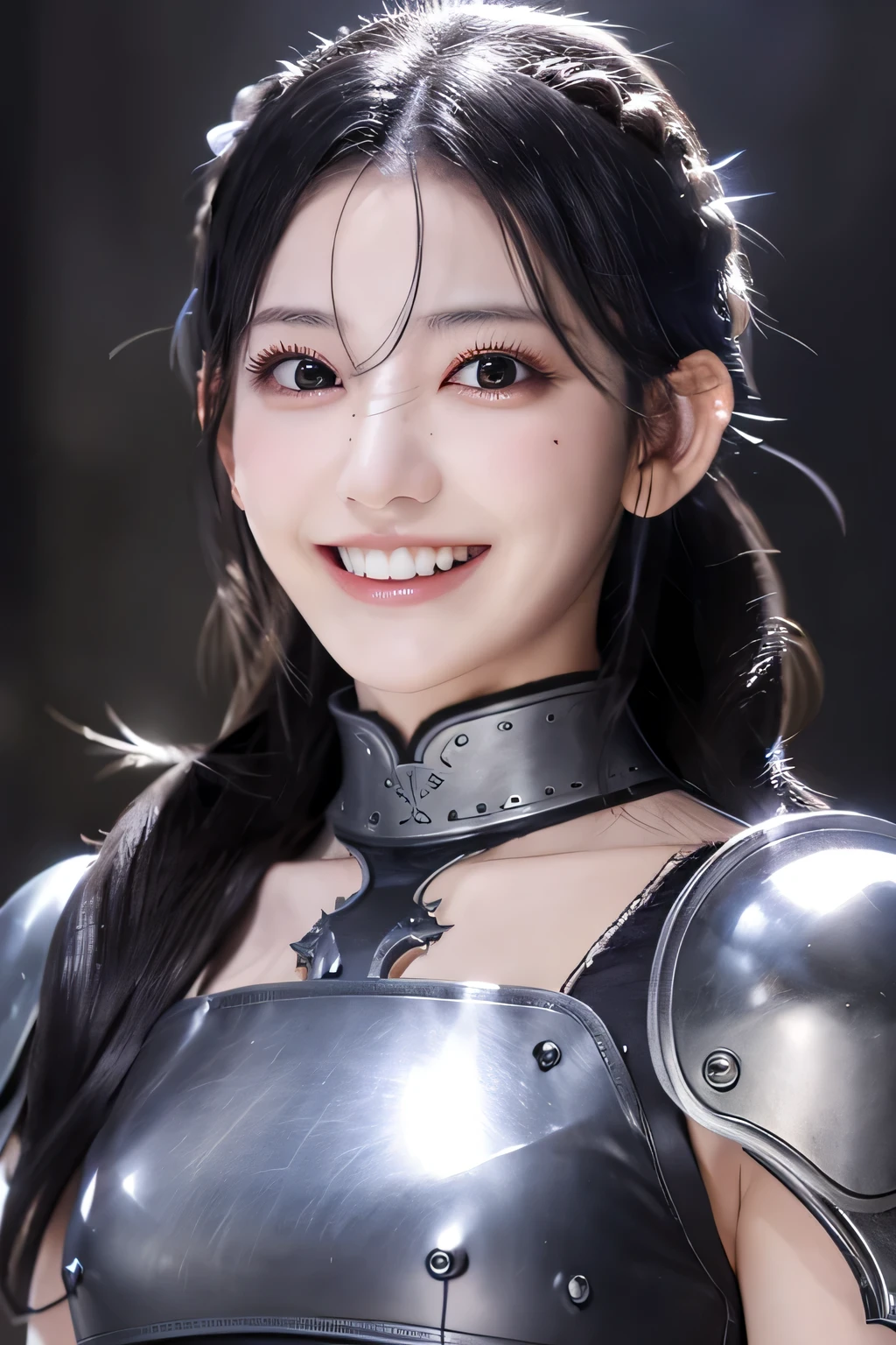 highest resolution, 4k, masterpiece: 1.3), japanese mature, photo of a woman, sexy, fine eyes, slender body shape, realistic teeth, double eyelid, full body, highest quality, be familiar with, equipped with armor, in a fantasy world, The background is a castle、black hair、ear piercing、smile、beautiful teeth