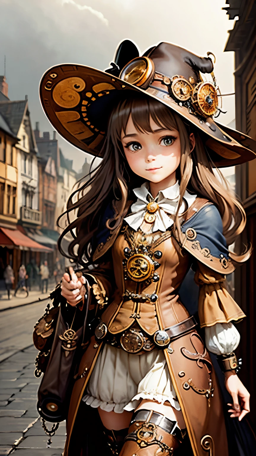 steampunkai。highest quality。masterpiece。detailed details。one girl。Steampunk little cute witch。light brown witch clothes and hat。Chestnut fluffy long hair。Strolling through the city of daydreams。((soft smile))。(The background is a white hazy sky)。