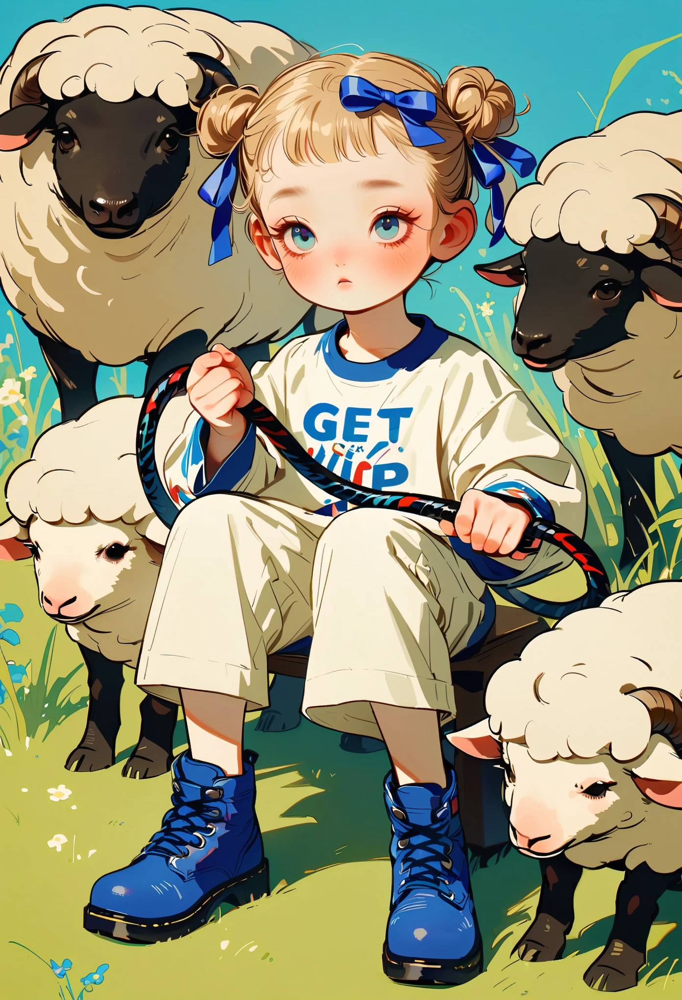 Style 4,1 shepherd boy,bun,long sleeve,ribbon,get a whip,Sheep,blush,blue footwear,Grass,single bun,apparel