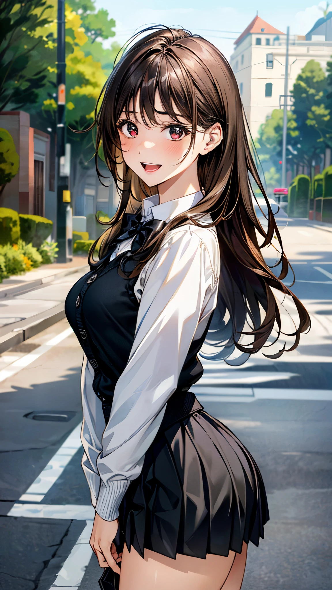 (masterpiece:1.2, top-quality), (realistic, photorealistic:1.4), beautiful illustration, (natural side lighting, movie lighting), , 
looking at viewer, cowboy shot, 1 girl, , high school girl, perfect face, cute and symmetrical face, shiny skin, 
(very long hair:1.5, messy hair:1.5, light brown hair), crossed bangs, brown eyes, big eyes, drooping eyes, long eye lasher, (large breasts:1.5, curvy waist:1.4, big ass:1.2), glamour, 
beautiful hair, beautiful face, beautiful detailed eyes, beautiful clavicle, beautiful body, beautiful chest, beautiful thigh, beautiful legs, beautiful fingers, 
((overly long sleeve black cardigan, white collared shirts, black pleated mini skirt), dark red bow tie), 
(beautiful scenery), evening, (outdoors), walking, (seductive smile, upper eyes, open mouth small),