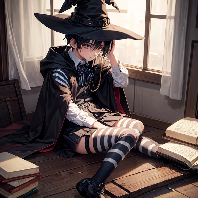 1boy, sitting, skirt, striped stockings, witch, emo, cloak, hat