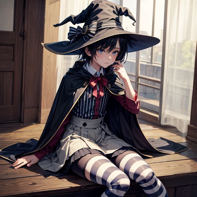 1boy, sitting, skirt, striped stockings, witch, emo, cloak, hat