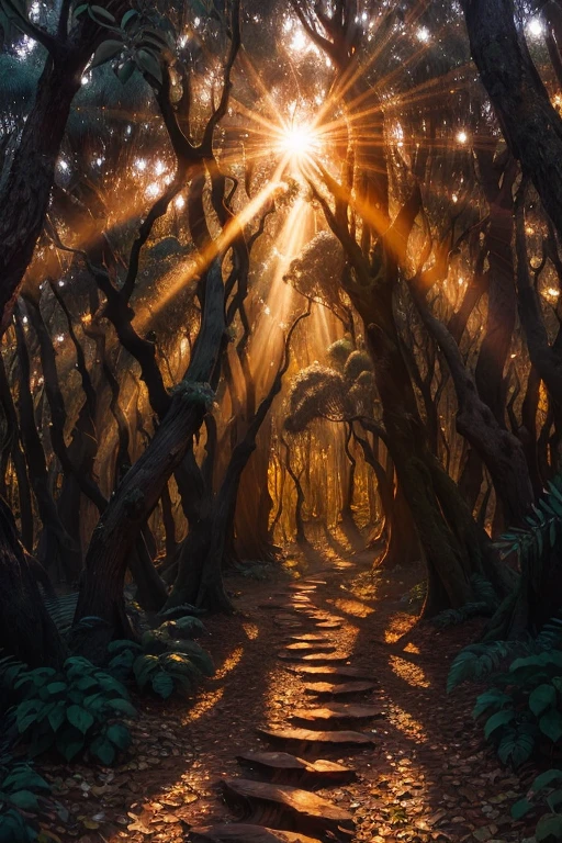 eucalyptus forest during golden hour (masterpiece, best quality, ultra-high definition) apparent in this meticulously crafted 8k photograph invites viewers on a captivating exploration of the intricate environmental details. From the finely textured bark of the eucalyptus trees to the intricate patterns of sunlight filtering through their leaves, each element is artfully rendered. The shifting angles created by the winding path and the rays of sunlight add depth and dimension, enhancing the forest's tranquil and harmonious beauty.

Precise, nuanced lighting (1.5) further elucidates the scene, illuminating the unique textures and colors of