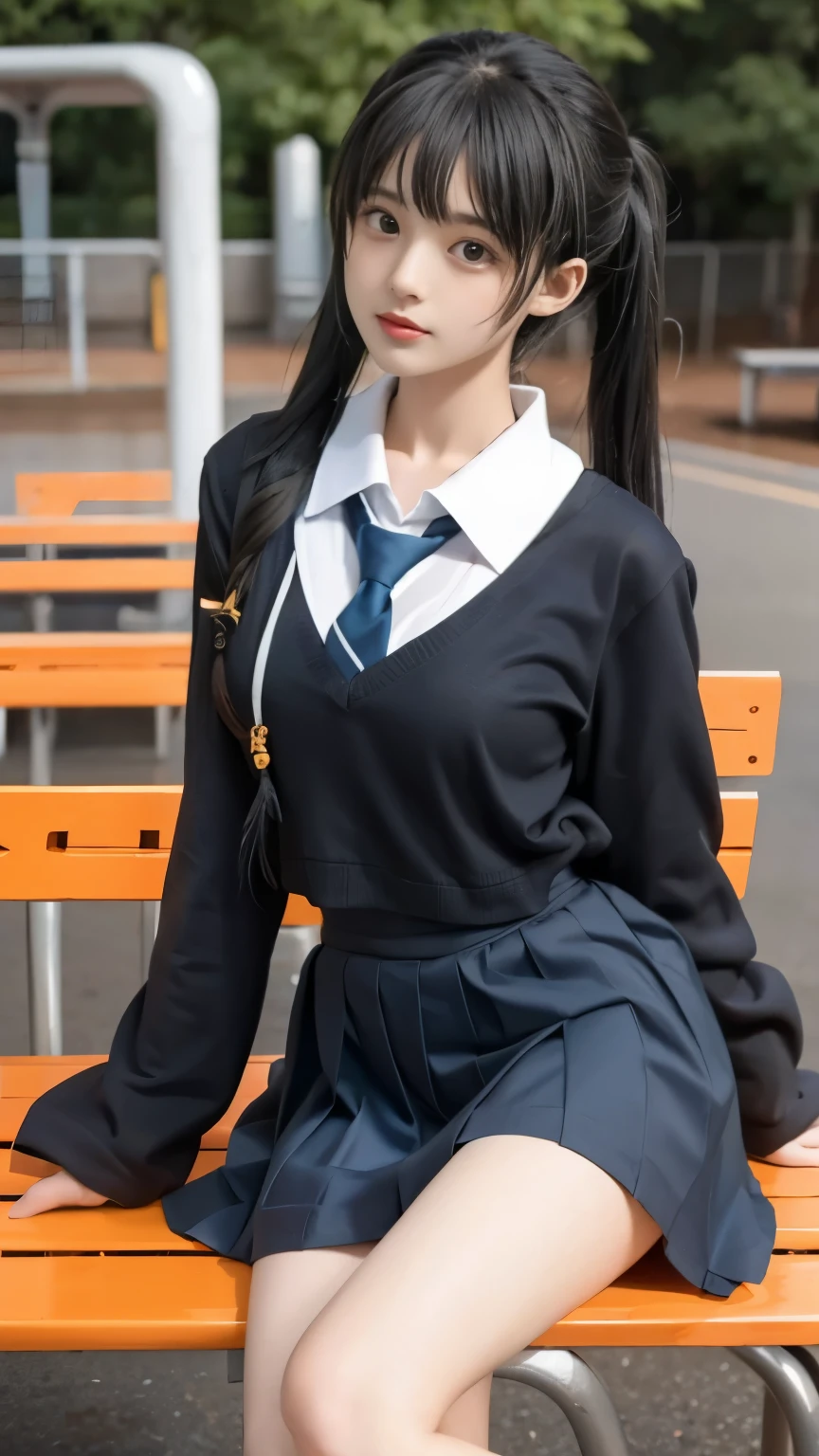 ************、(Beautiful girl with outstanding style)、((whole body))、From the side、((Dusk falls on a bench in the playground after the rain))、(wet clothes and hair)、(((cute school uniform)))、(Bra visible through uniform)、(twin tails)、(Panty shot)、medium breasts、small face、beautiful feet、cute eyes、beautiful feet、Moisturizing lips、tight waist、(detailed limbs)、loafers