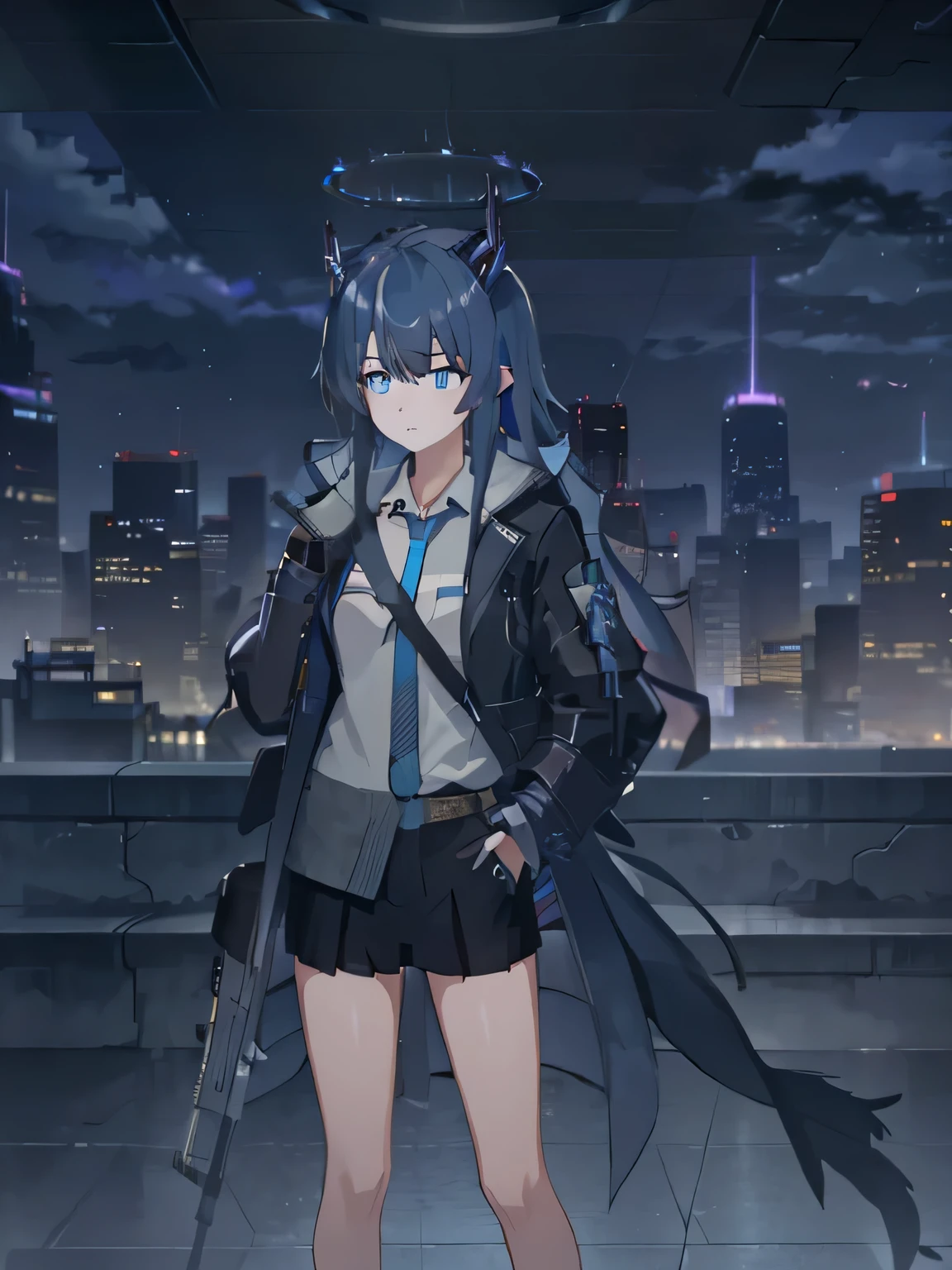 1 girl,  very clear, nervous, , watching, transportation station, dark rainy day, Serious eyes, Black halo with sky blue stripes, Serious, sharp vision, dissatisfied, Holding an aug assault rifle, City skyline, Light gray aug assault rifle with blizzard texture, tall girl, transportation, train station, Serious, dark rainy day, Dia sombrio, rain, collide,  Standing posture, aim，sky blue eyes，One hand in the pocket of the coat