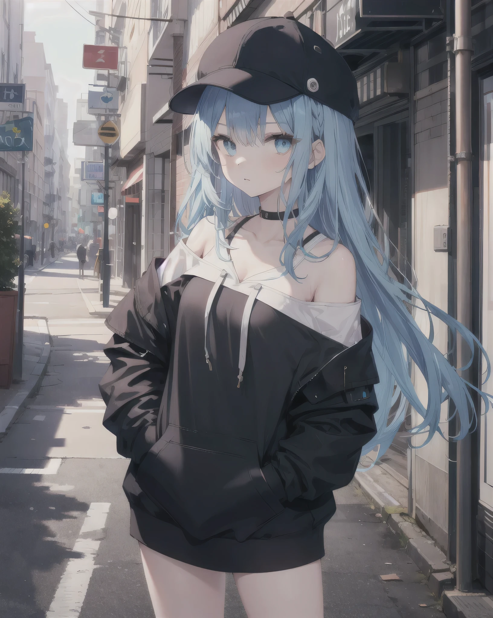 masterpiece,1girl,solo,long hair,blue hair,hoodie,off shoulder:1.2, mob cap, street,hand on hip, hand in pocket,
