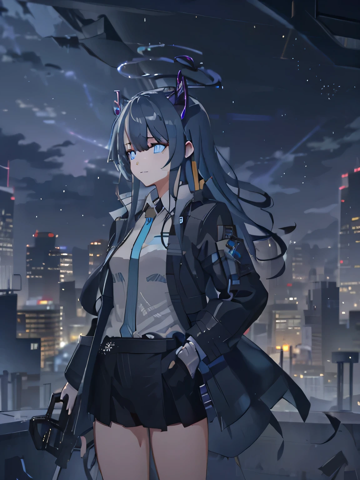 1 girl,  very clear, nervous, , watching, transportation station, dark rainy day, Serious eyes, Black halo with sky blue stripes, Serious, sharp vision, dissatisfied, Holding an aug assault rifle, City skyline, Light gray aug assault rifle with blizzard texture, tall girl, transportation, train station, Serious, dark rainy day, Dia sombrio, rain, collide,  Standing posture, aim，sky blue eyes，One hand in the pocket of the coat