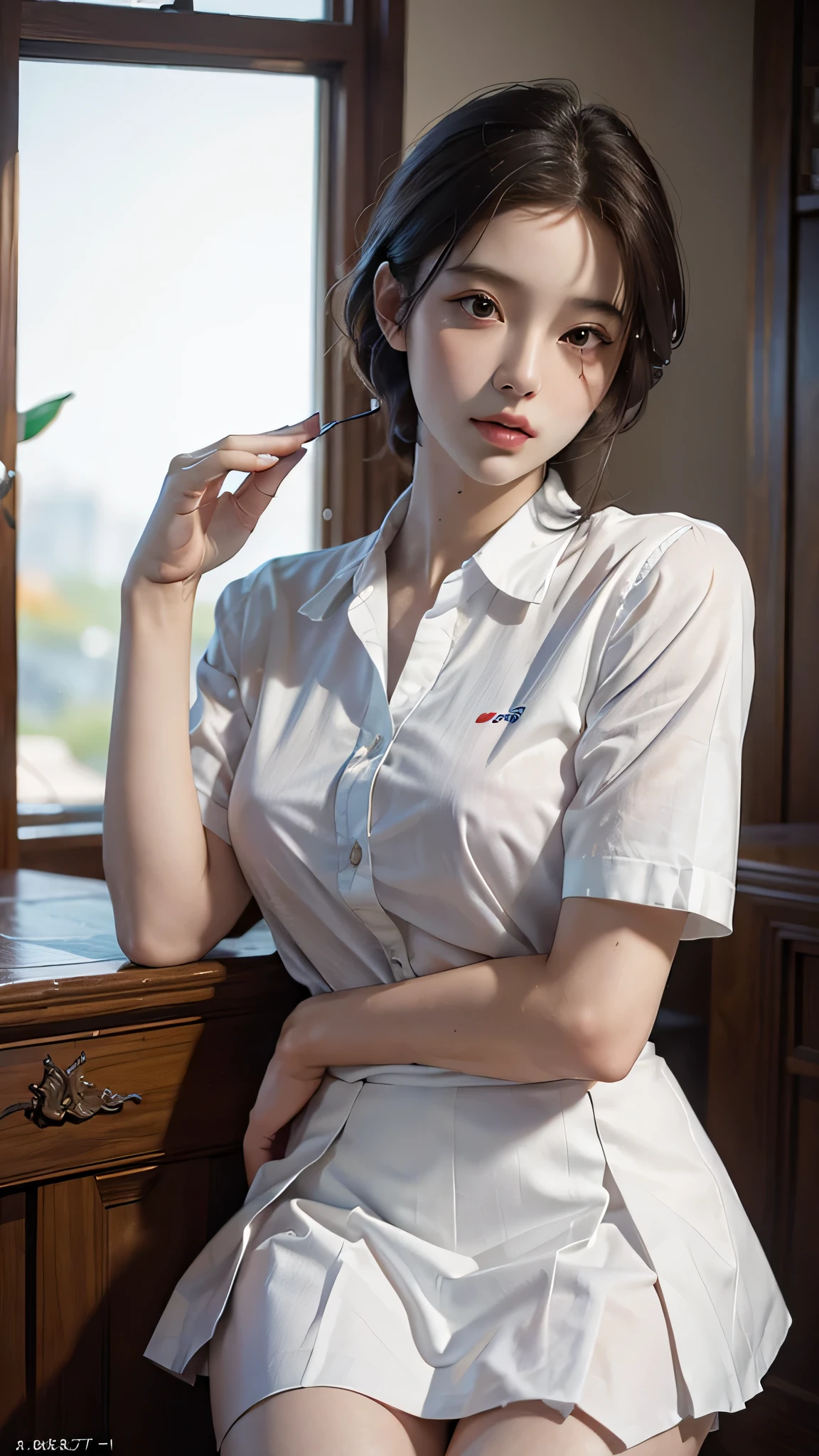 Best Quality, Masterpiece, Ultra High Resolution, (Realisticity: 1.4), Original Photo, 1Girl, Mature, White JK Uniform, Film Lighting