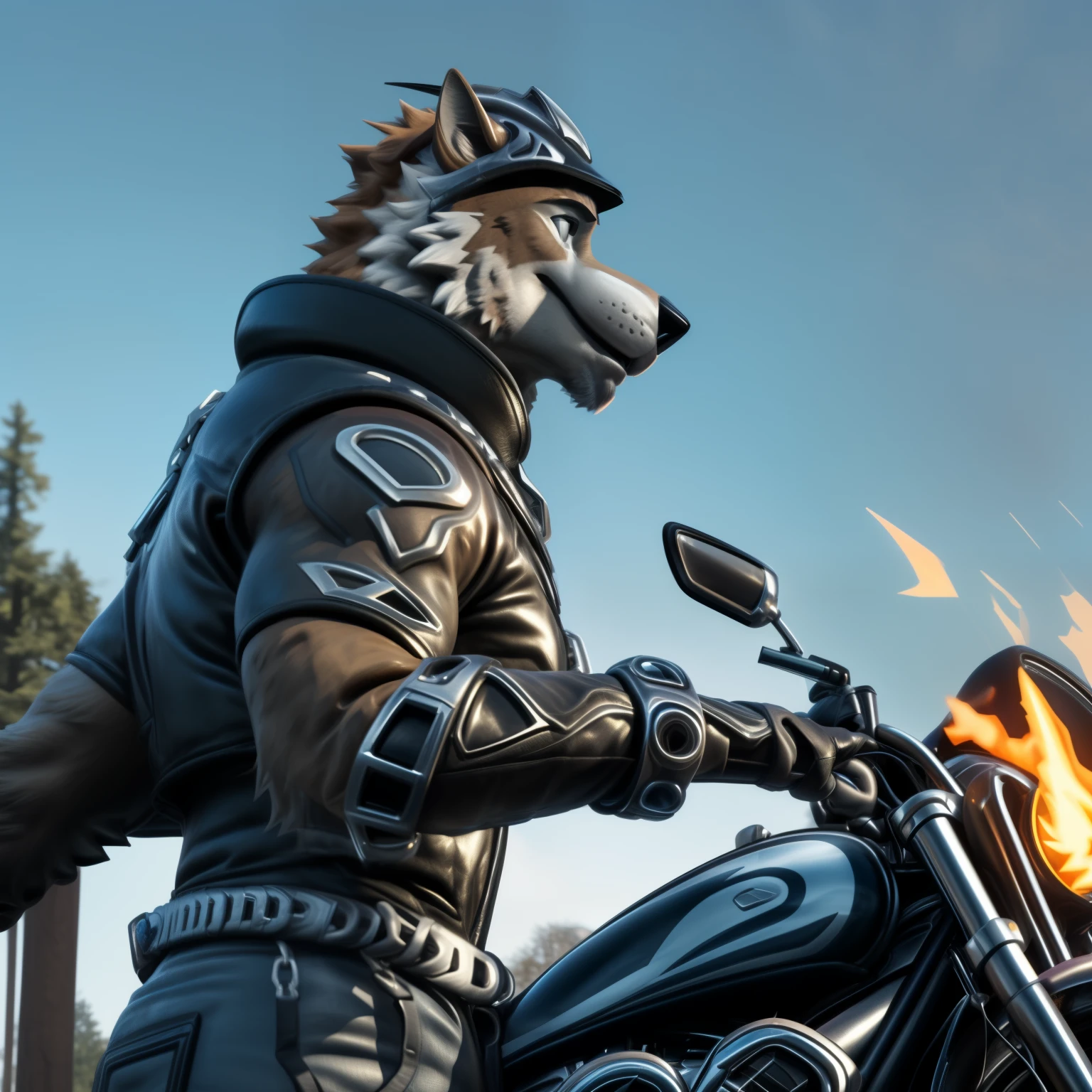 ( Male, biker, full body, muscular, helmet, animation mode, highest quality, trending on ArtStation, intricate, detailed, dynamic, realistic, expressive, three-quarter angle, leather jacket, denim pants, motorcycle, metallic sheen, chainlink, engine roar, dramatic sunlight, intense, gritty texture, glossy finish, weathered edges, intense concentration, focused gaze, side view, profile picture, raised hand in greeting, weathered leather helmet, detailed visor, animated flames from the exhaust, bold, fearless, adventure seeker)

(by Bikergod, by MotorMaster, by SpeedFreak, best quality, masterpiece,