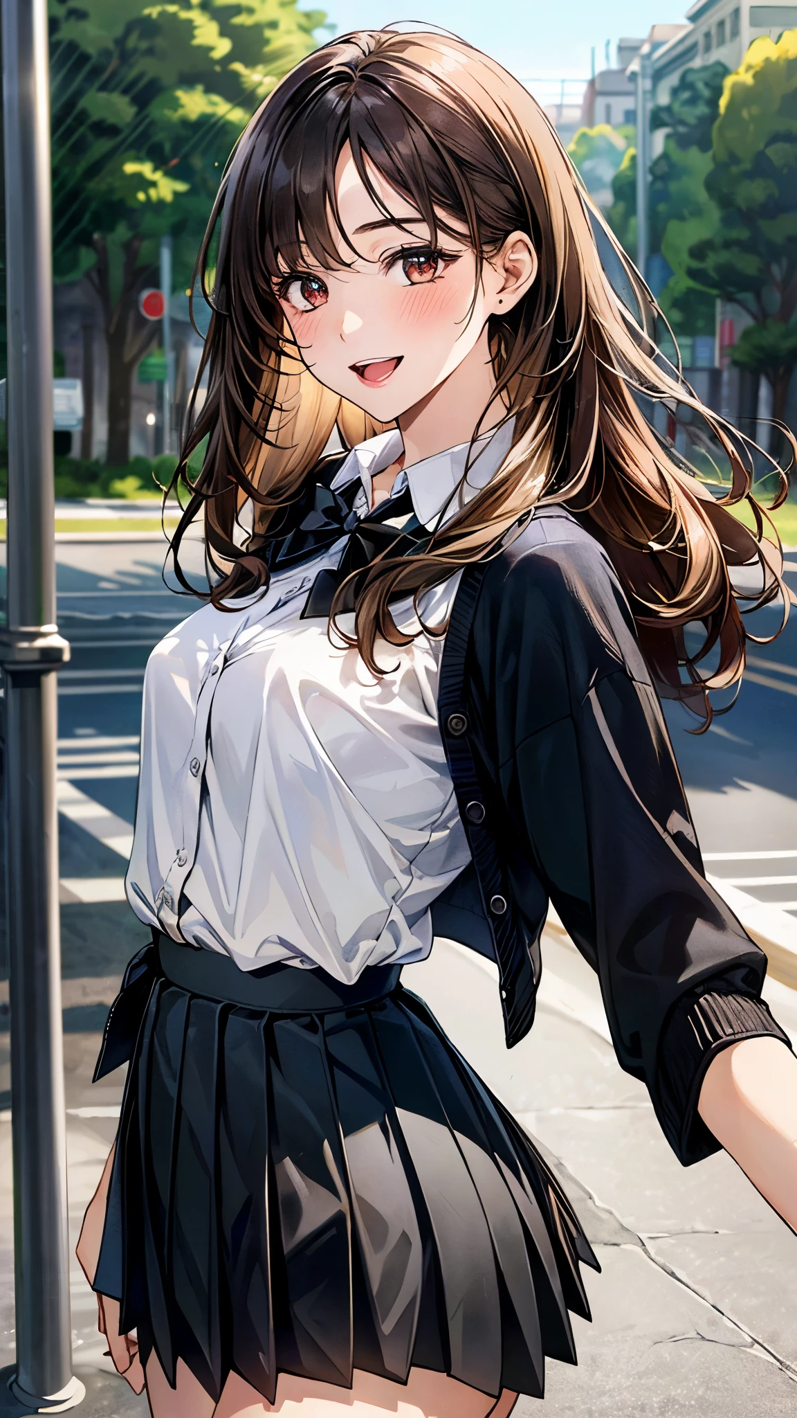 (masterpiece:1.2, top-quality), (realistic, photorealistic:1.4), beautiful illustration, (natural side lighting, movie lighting), ,
looking at viewer, cowboy shot, 1 girl, , high school girl, perfect face, cute and symmetrical face, shiny skin,
(very long hair:1.5, messy hair:1.5, light brown hair), crossed bangs, brown eyes, big eyes, drooping eyes, long eye lasher, (large breasts:1.5, curvy waist:1.4, big ass:1.2), glamour,
beautiful hair, beautiful face, beautiful detailed eyes, beautiful clavicle, beautiful body, beautiful chest, beautiful thigh, beautiful legs, beautiful fingers,
((overly long sleeve black cardigan, white collared shirts, black pleated mini skirt), dark red bow tie),
(beautiful scenery), evening, (outdoors), walking, sexy pose, (seductive smile, upper eyes, open mouth small),