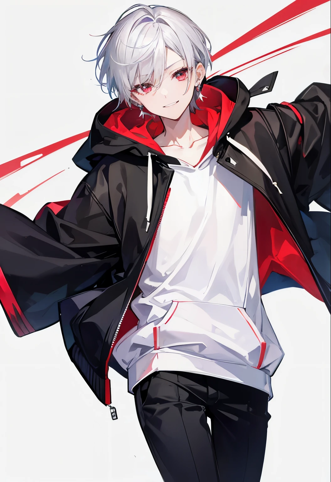 High resolution, 2D anime style,,cool men,red eyes,short hair,silver hair,Fashion wearing a hoodie,Beautiful watch,beautiful earrings,he is smiling a little,