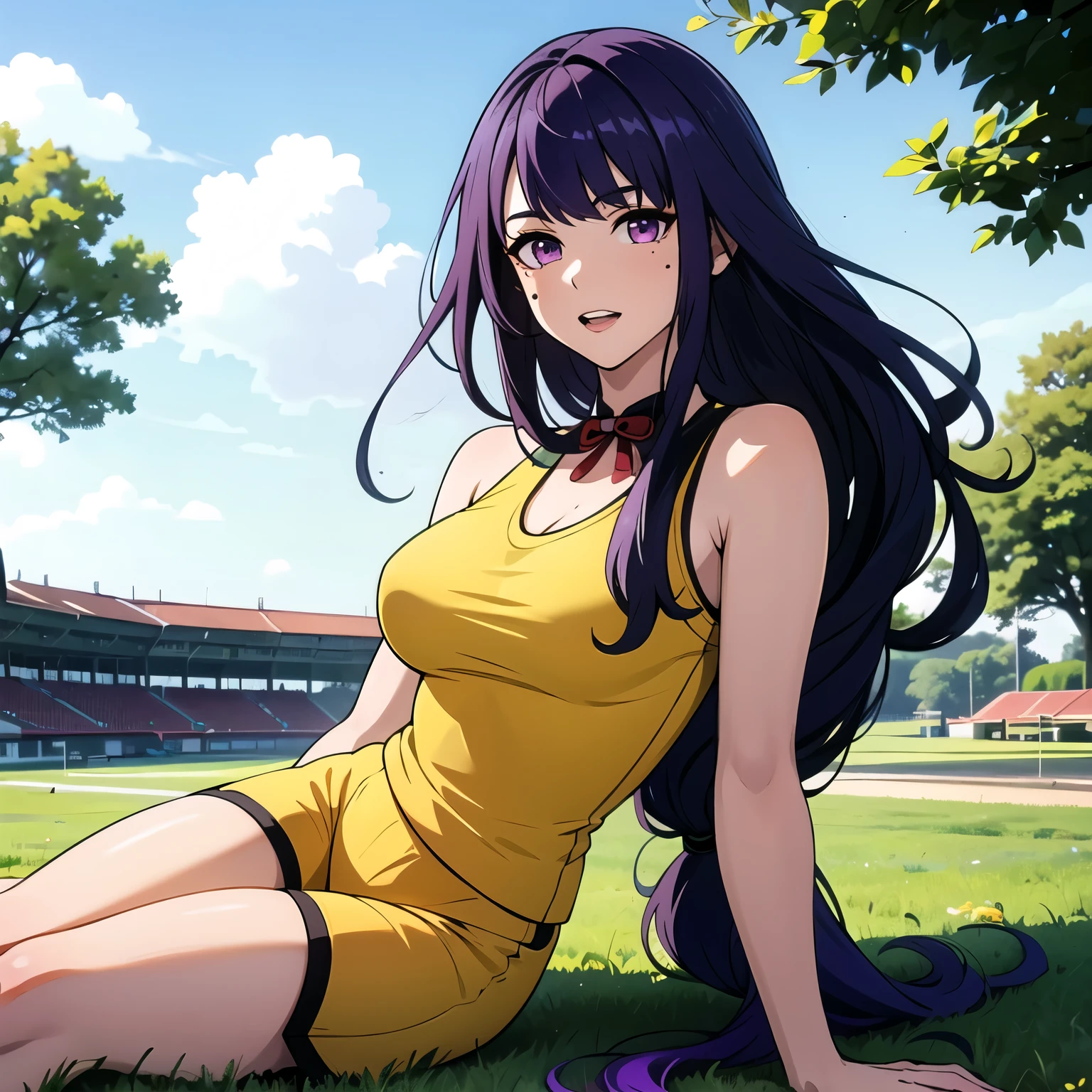 raiden shogun,((best quality)), ((masterpiece)), (detailed), perfect face,1girl, solo, long hair, looking at viewer, blush, shirt, purple hair, brown eyes, upper body, teeth,, mole, mole on neck,1girl, solo, breasts, looking at viewer, shirt, black hair, breasts, sitting, outdoors,sky, shorts, sleeveless, alternate costume, tree, hand between legs, yellow shirt, sportswear, gym shorts, basketball uniform, yellow tank top,number 3,sweat,jersey numbber 3,full body,1girl, solo, long hair, breasts, looking at viewer, bangs, large breasts, bare shoulders, sitting, purple eyes, purple hair, outdoors, sky, shoes, teeth, day, pants, mole, tree, mole under eye, grass, sneakers, sportswear, basketball