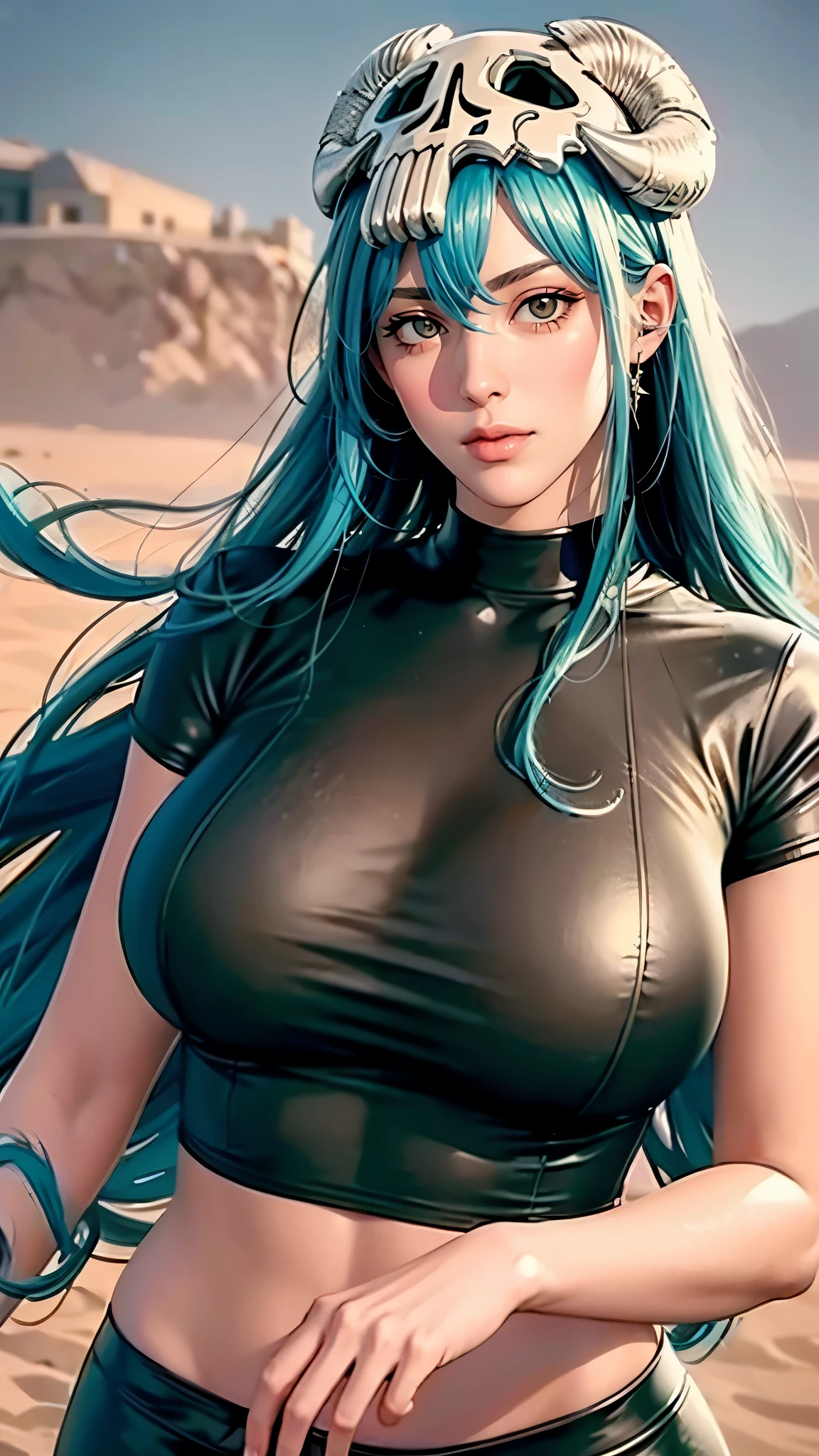 （（（完美figure，figure，odelschwanck，green clothes，（（（nel, long hair, facial mark, hair between eyes,  skull,skirt，yellow eyes，underboob,）））型figure:1.7））），((masterpiece)),high resolution, ((Best quality at best))，masterpiece，quality，Best quality，（（（ Exquisite facial features，looking at the audience,There is light in the eyes，Happy，***********nterlacing of light and shadow，huge boobs））），（（（looking into camera，desert background，）））