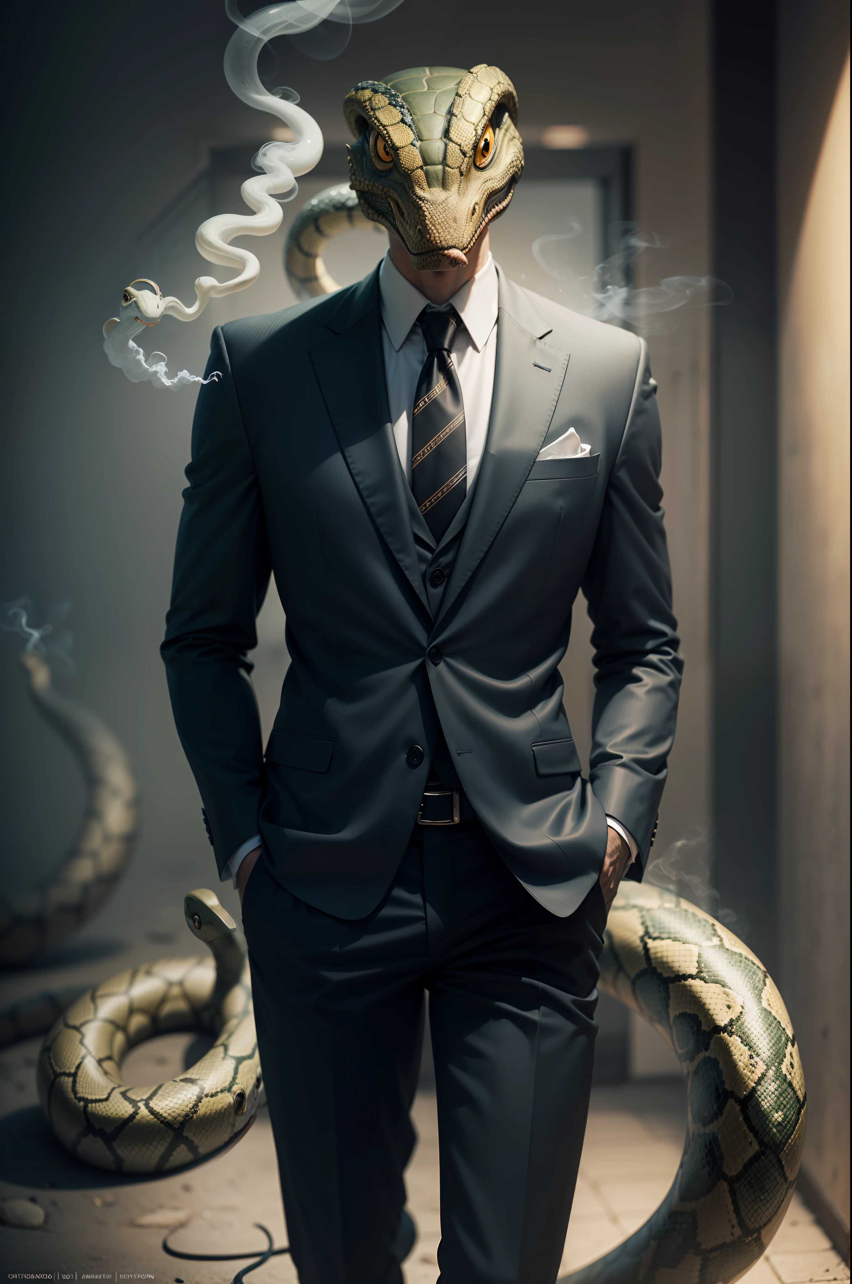 Anthropomorphic snakes, vestido com um terno, fumar, sala clara, Cinematic, HDR, primitivo, intrincado, alta qualidade, tons suaves, intrincado details, Baixo contraste