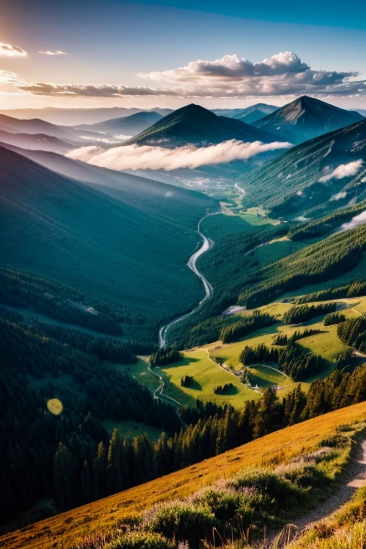 to the lively and vibrant atmosphere of the image. The clouds, with their soft and graceful edges, add a sense of tranquility and serenity to the scene. The ray of light breaking through the clouds casts an ethereal glow upon the mountain, making it appear both majestic and mystical. The high resolution of 8k and the photo-realistic style enhance the details and textures of the image, allowing the viewer to explore every inch of the scene. The realistic shadows and lighting create a sense of depth and perspective, drawing the viewer in and allowing them to truly appreciate the grandiosity of the mountain. This photo is a testament to the power and beauty of nature, inv