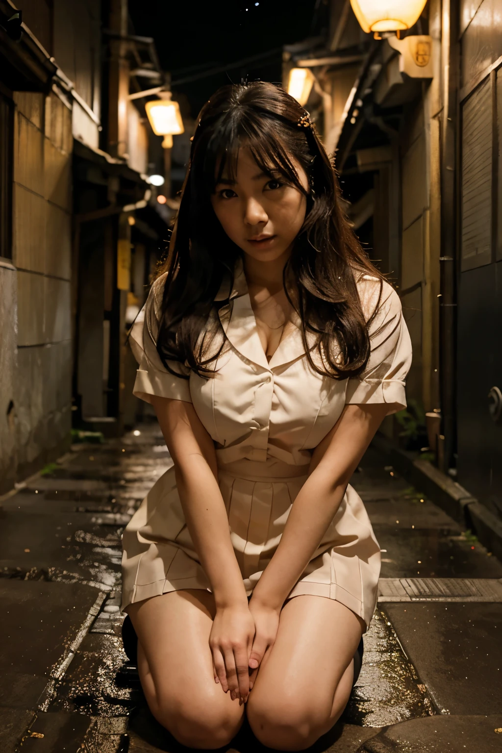 In an alley in Toyoko at night during a thunderstorm. A beautiful busty Japanese woman in a transparent Japanese school girl uniform is on her hands and knees opens her mouth in offering.
